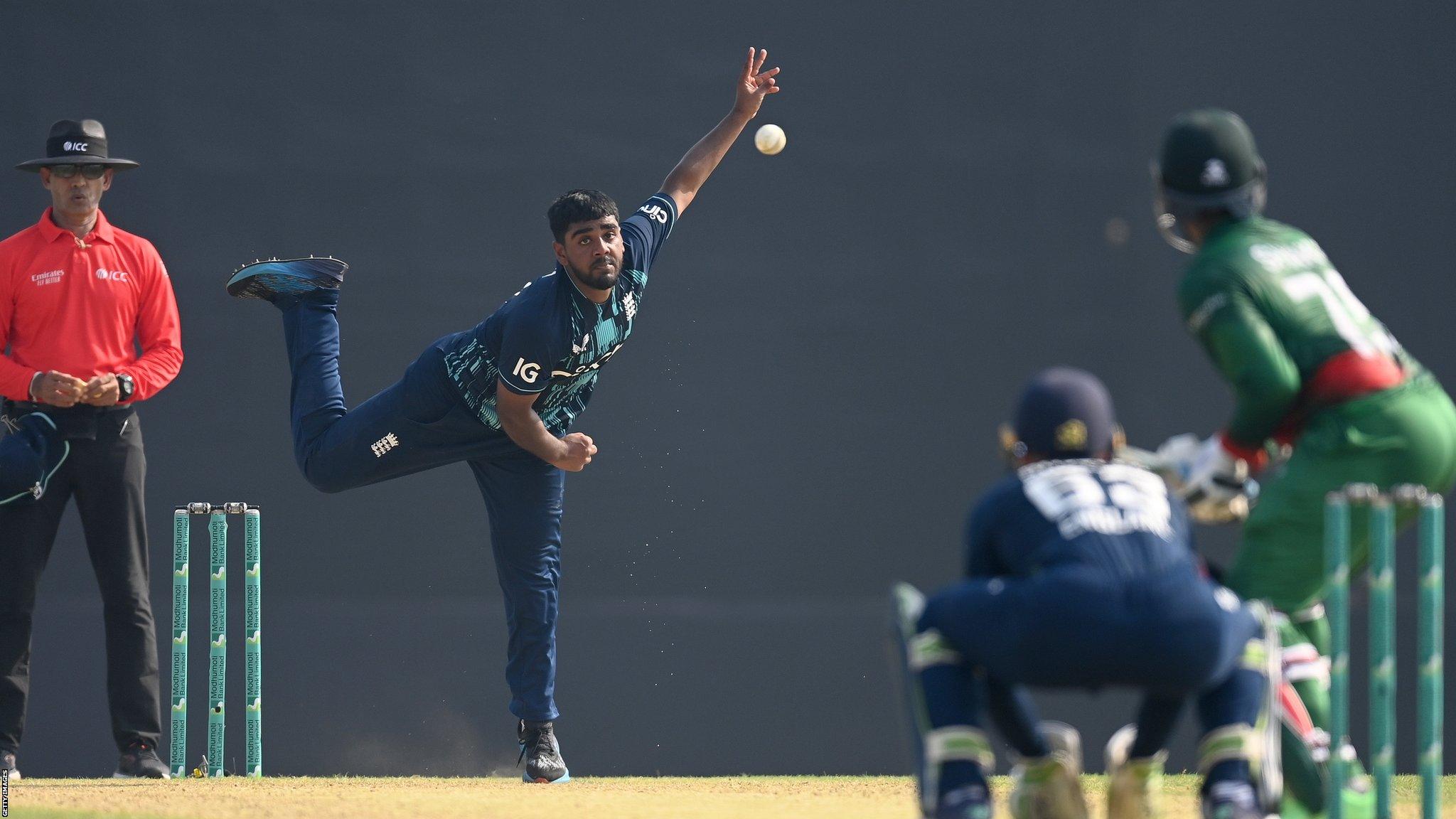 Rehan Ahmed in action against Bangladesh