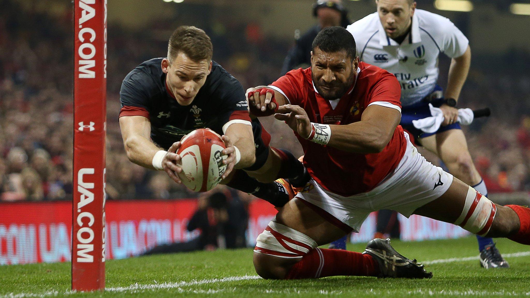 Liam Williams scoring on his 50th cap for Wales