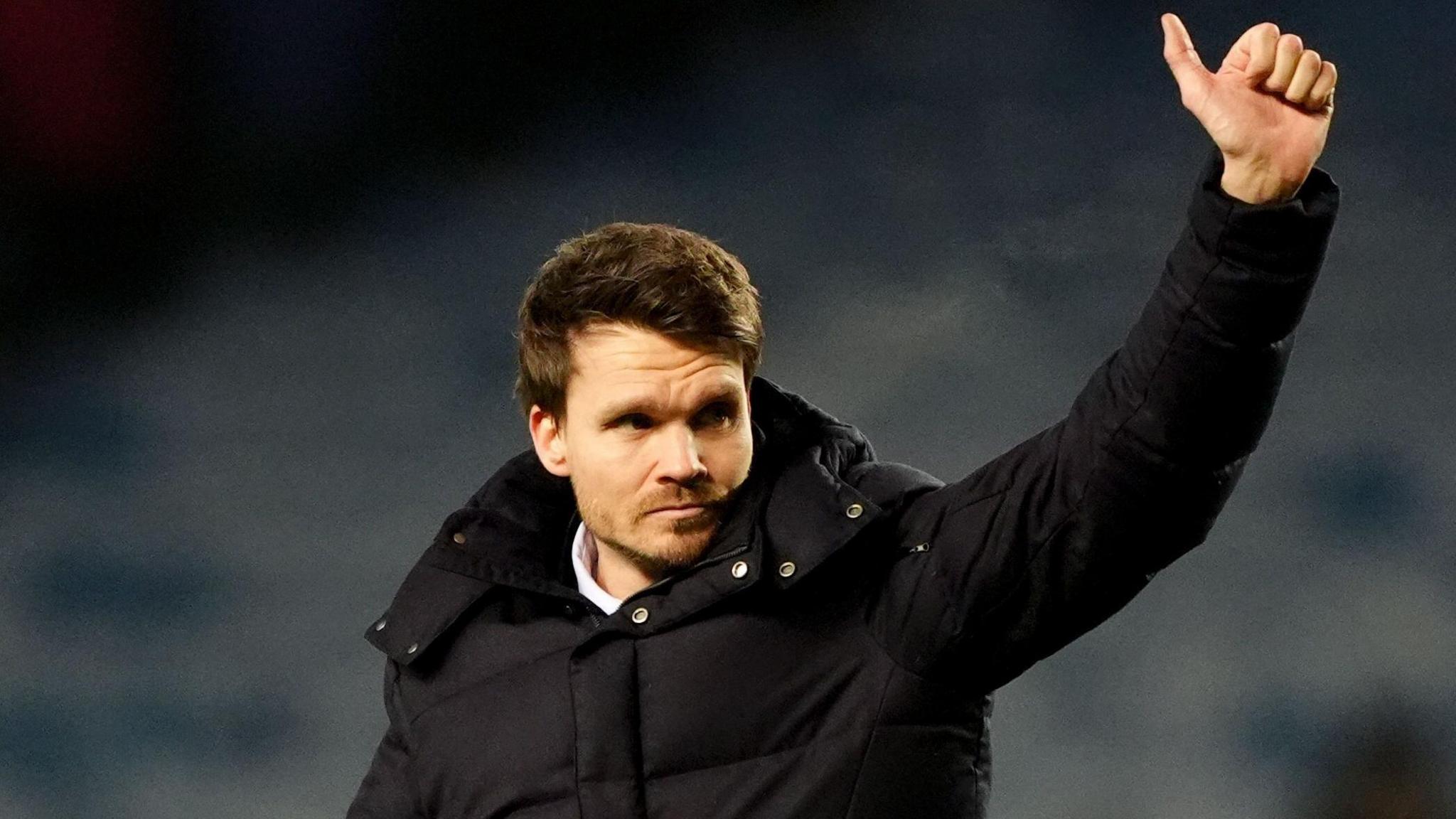 Rangers manager Danny Rohl celebrates at the final whistle after the 1-0 win against Hibernian in the Scottish Premiership at Ibrox