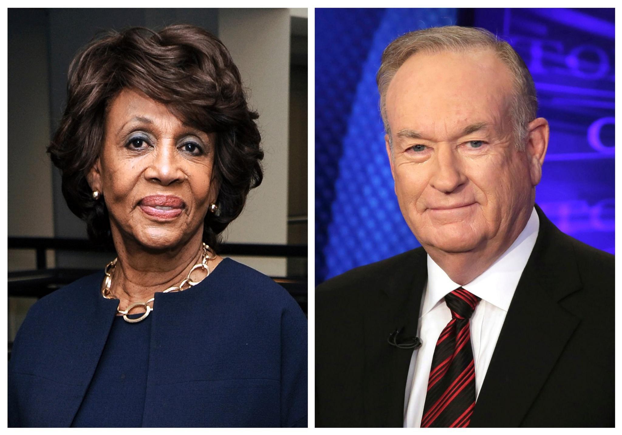 In this combination photo, Rep. Maxine Waters, D-Calif., left, appears at the Justice on Trial Film Festival on Oct. 20, 2013, in Los Angeles and Fox News personality Bill O'Reilly appears on the set of his show, "The O'Reilly Factor," on Oct 1, 2015 in New York