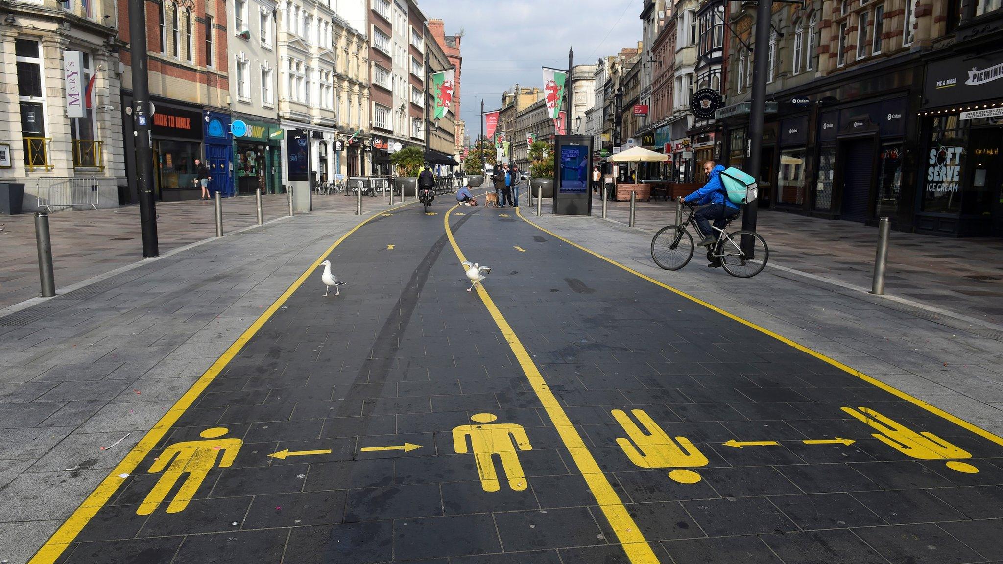 Social distancing signs in the centre of Cardiff