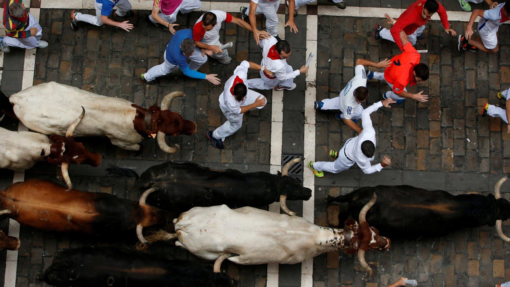 Runners sprint ahead of bulls during the fourth running of the bulls at the San Fermin festival in Pamplona, northern Spain, 10 July, 2017