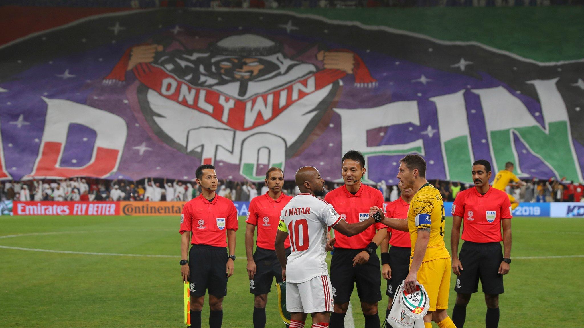 Al Ain, United Arab Emirates, 25 January: A huge banner unfurled by the fans of host nation United Arab Emirates at the Hazza Bin Zayed Stadium left the players in no doubt what was expected of them in their Asian Cup quarter-final against Australia. They did not disappoint, winning 1-0 to set up a last-four tie against Qatar. (Photo by Francois Nel/Getty Images)