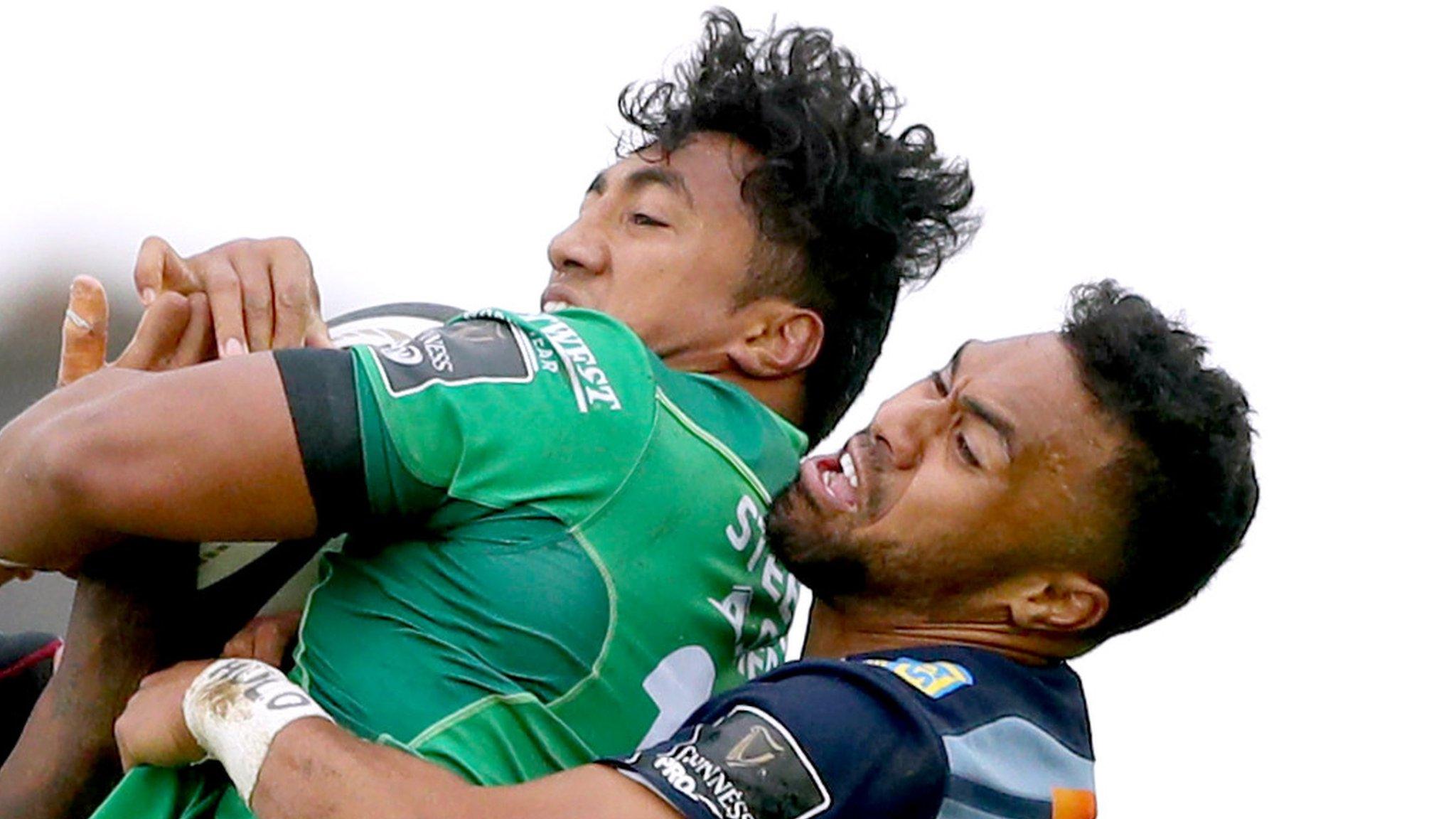 Cardiff's double try-scorer Willis Halaholo tackles Connacht's star centre Bundee Aki