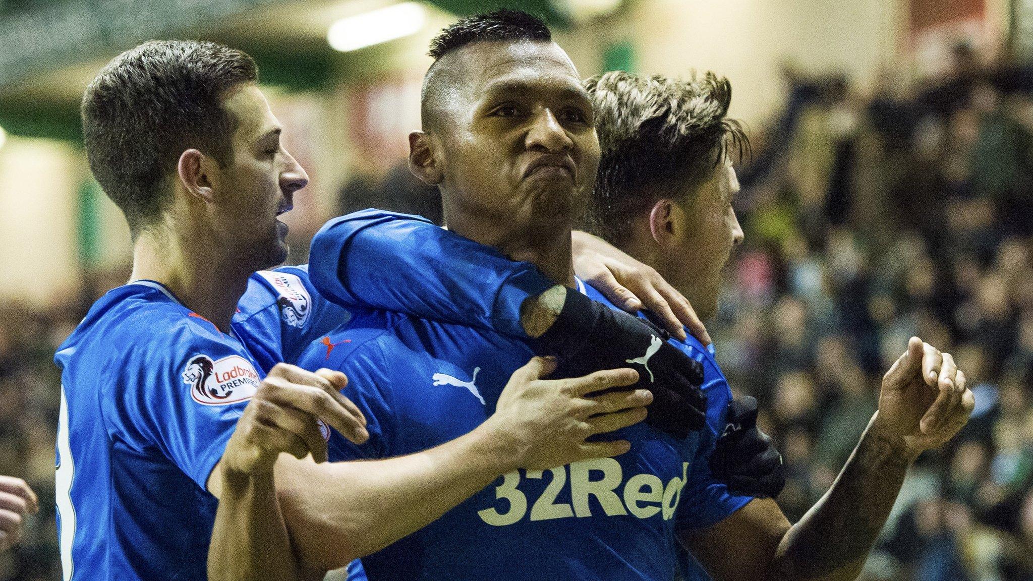 Alfredo Morelos celebrates scoring for Rangers against Hibernian