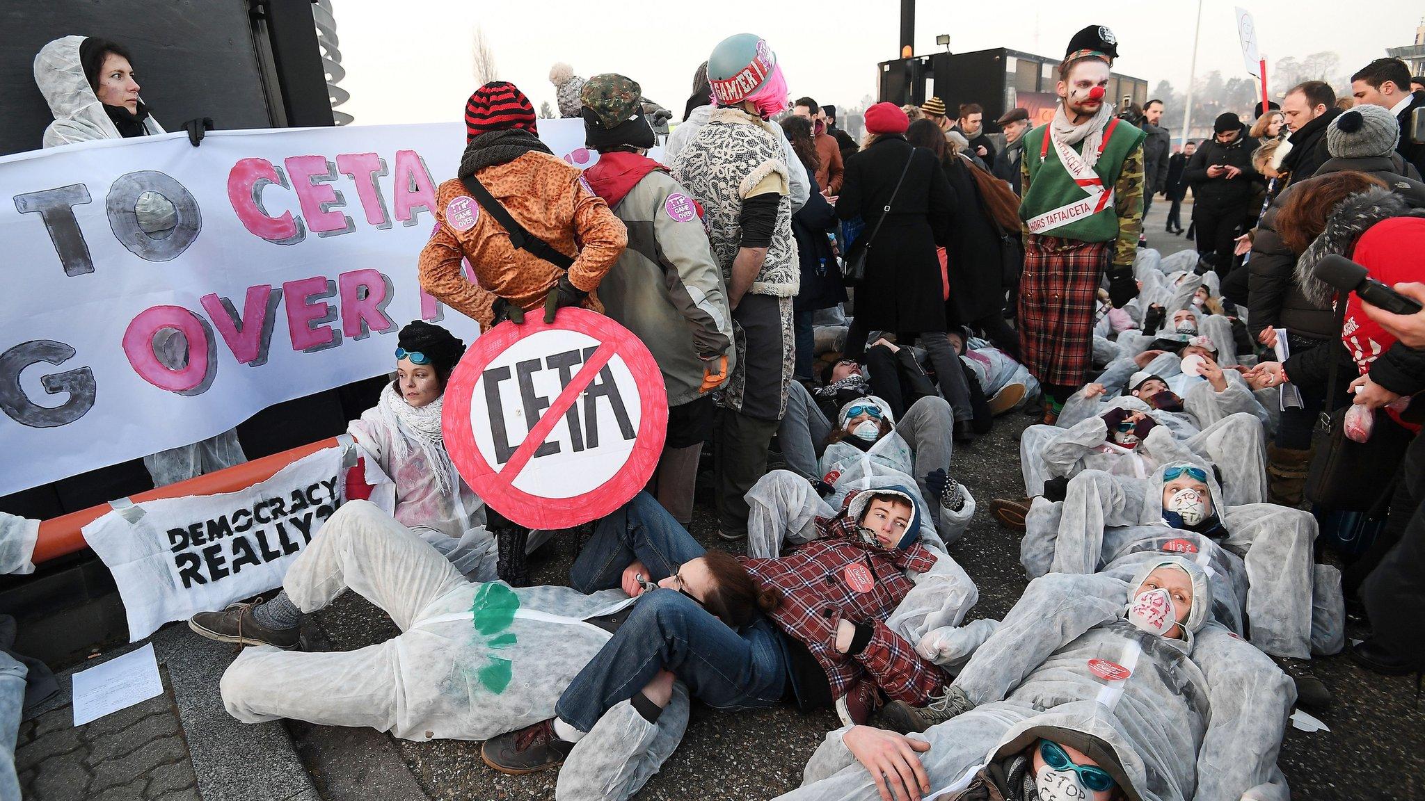 Protesters demonstrate against the EU-Canada Comprehensive Economic and Trade Agreement (Ceta) in front of the European Parliament in Strasbourg, eastern France, on 15 February 2017