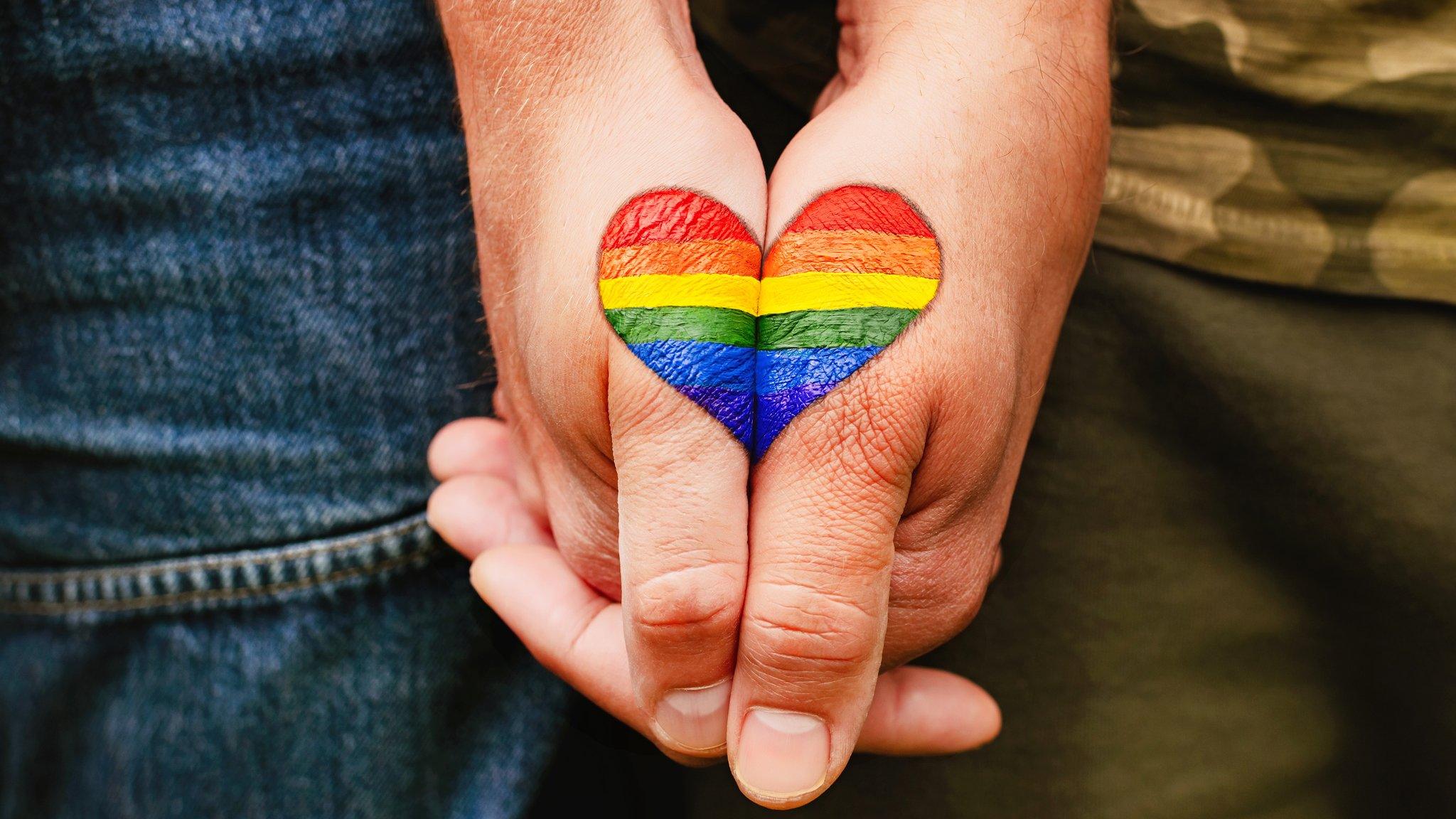 LGBTQ+ History month - two people holding hands form a rainbow heart