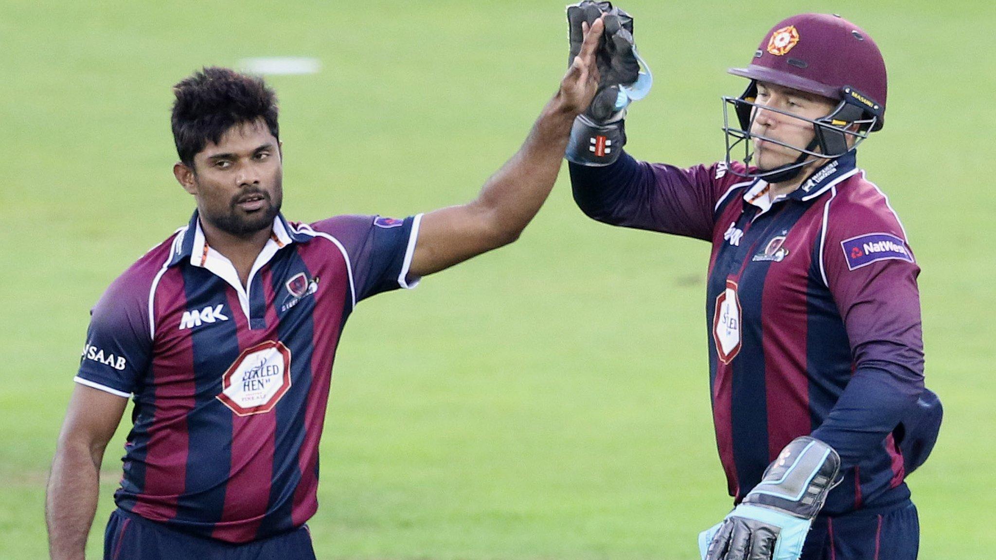 Seekkuge Prasanna celebrates wicket for Northants Steelbacks