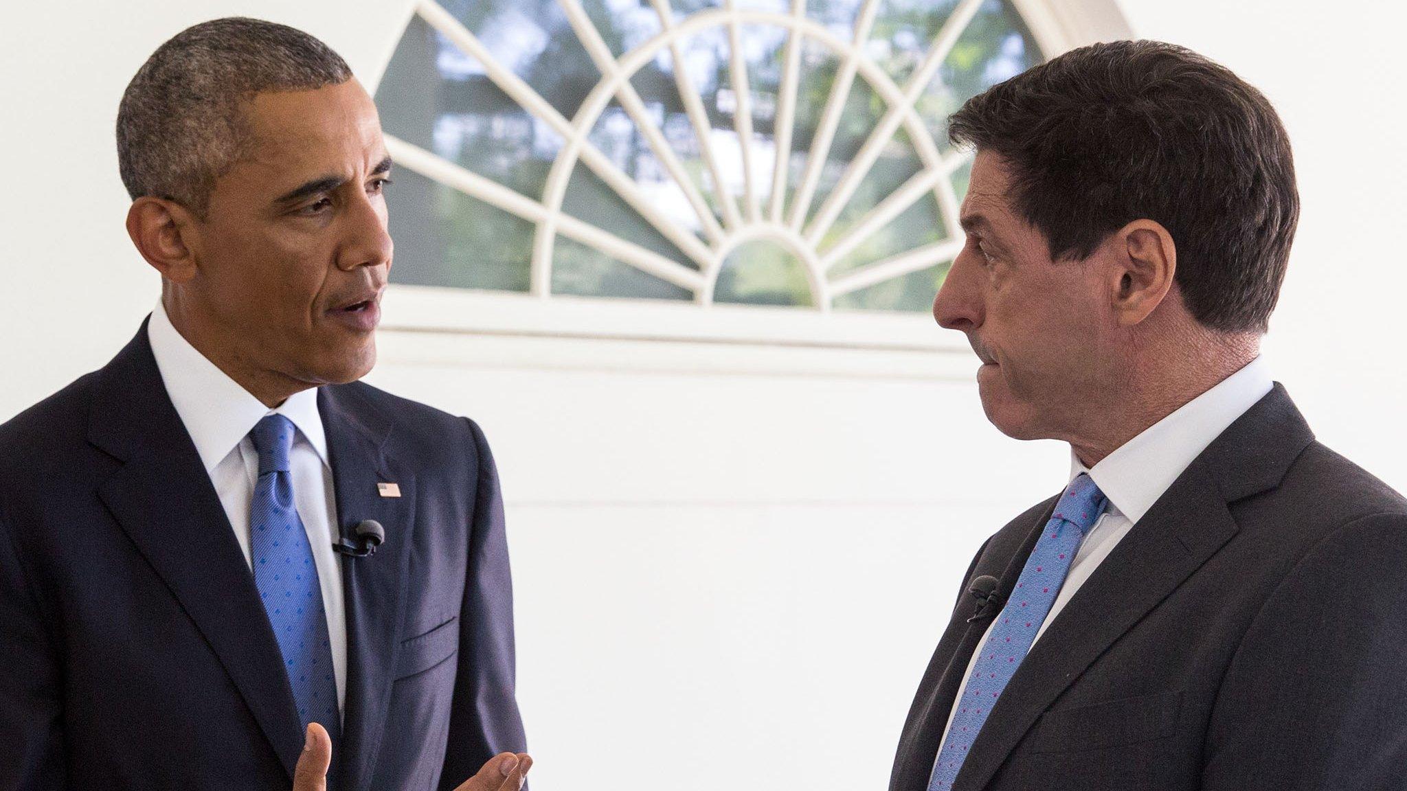 Barack Obama speaks to Jon Sopel on the Colonnade