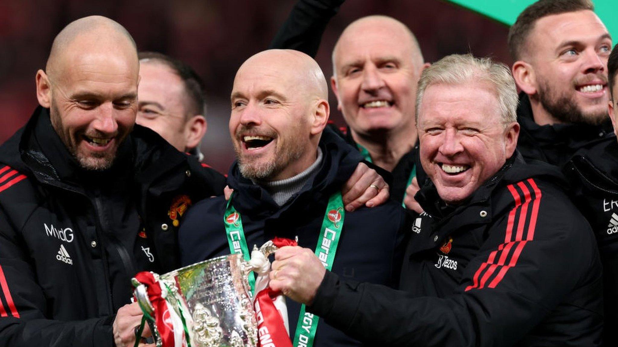 Manchester United manager Erik ten Hag took the opportunity to celebrate with his coaches, including Steve McClaren.