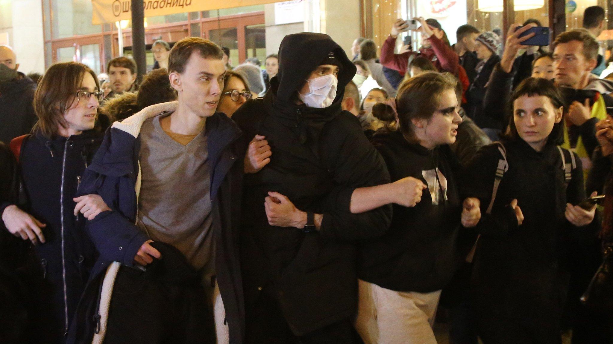 rotester form a line during an unsanctioned protest rally at Arbat street on September 21, 2022, in Moscow, Russia. More than 500 people in Russian cities were detained during protest rallies against the mobilization for war against Ukraine, announced by President Putin on Wednesday.