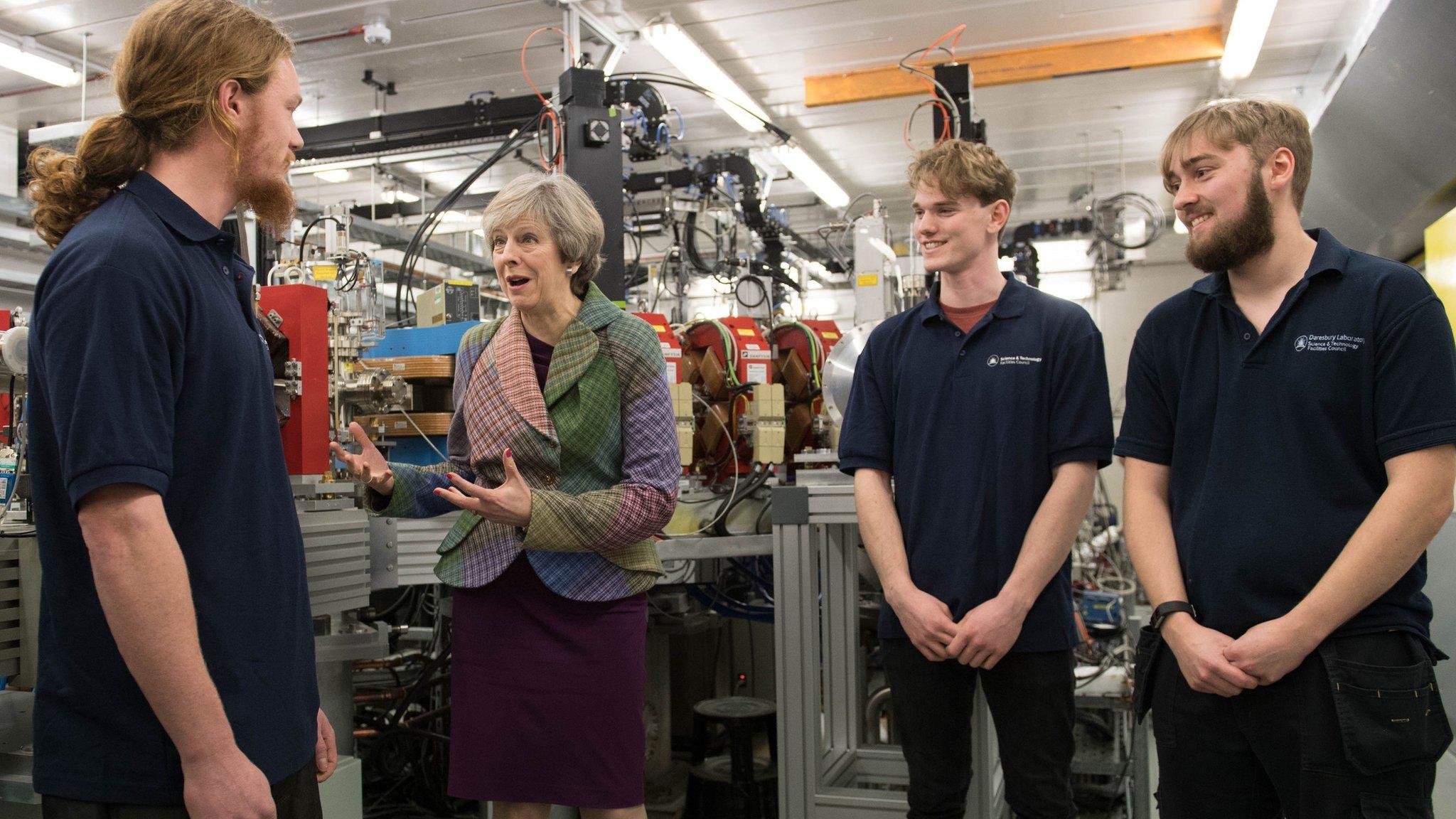 Theresa May on a visit to Ski-Tech Daresbury in Warrington, Cheshire