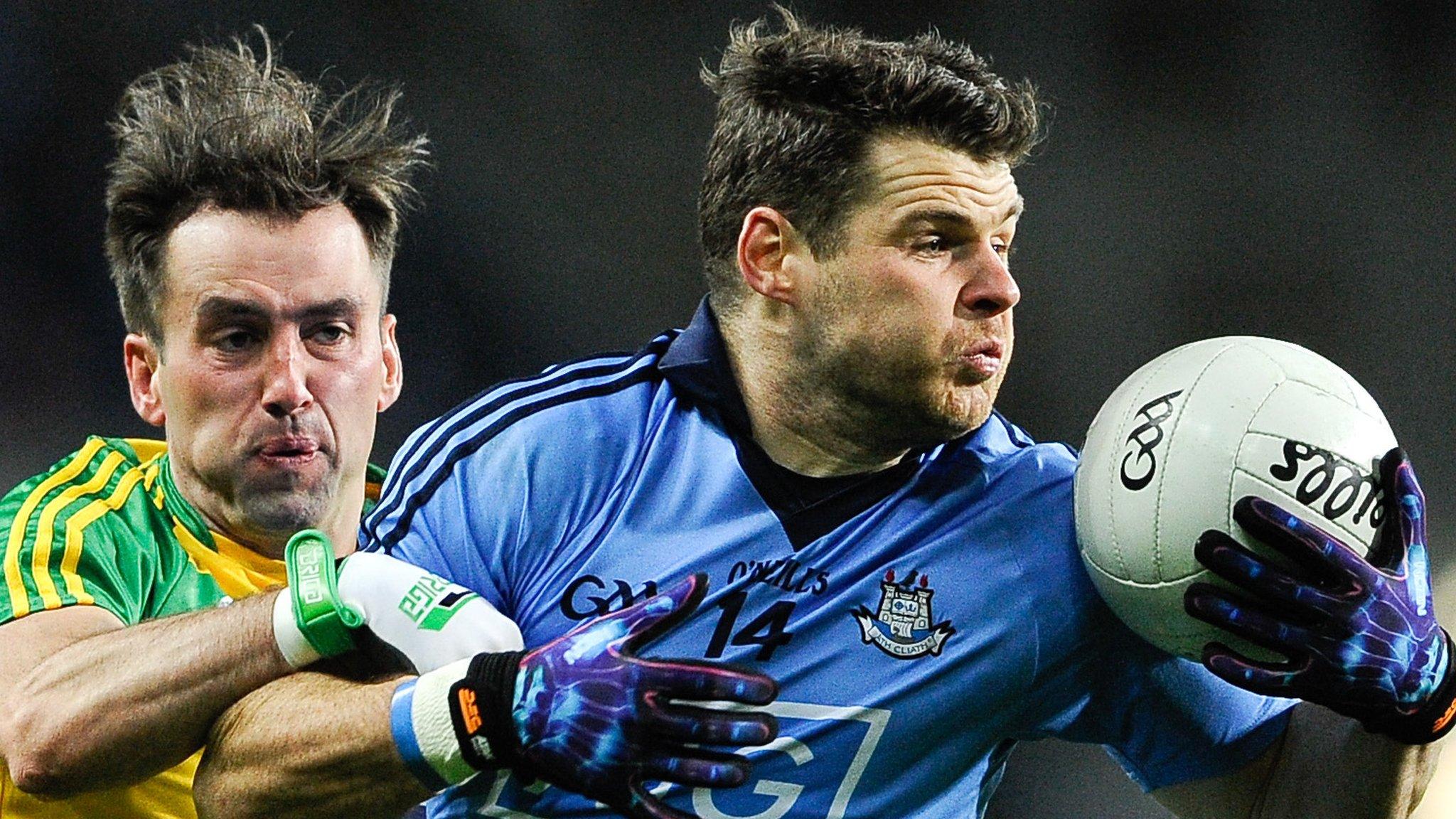 Donegal's Karl Lacey battles with Dublin's Kevin McManamon at Croke Park