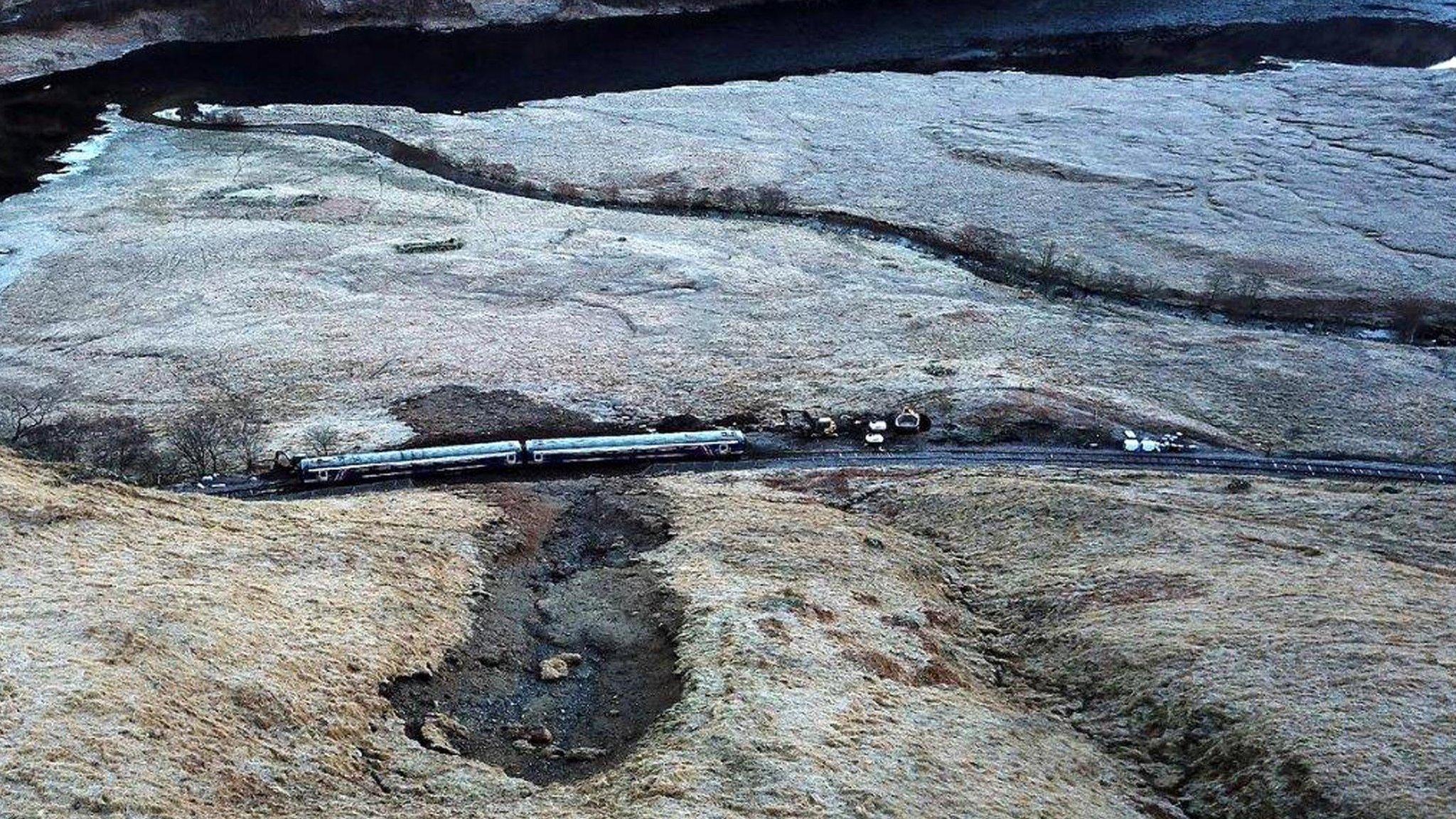 Image taken by a drone of train stuck in landslip