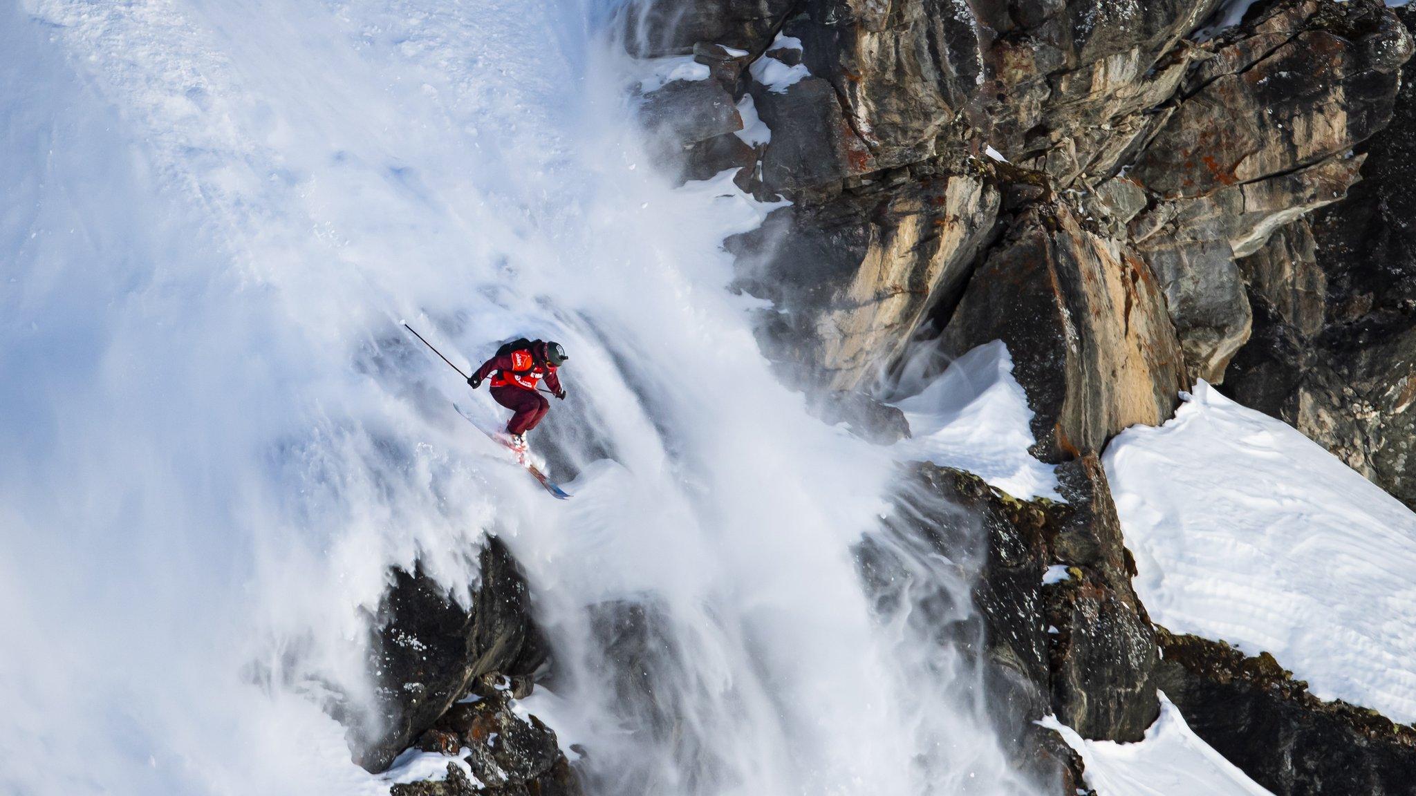 Drew Tabke from the United States during the men"s ski event during the Verbier Xtreme Freeride World Tour (FWT) finals on the "Bec des Rosses" mountain above the alpine resort of Verbier, Switzerland, 23 March 2019. EPA/VALENTIN FLAURAUD