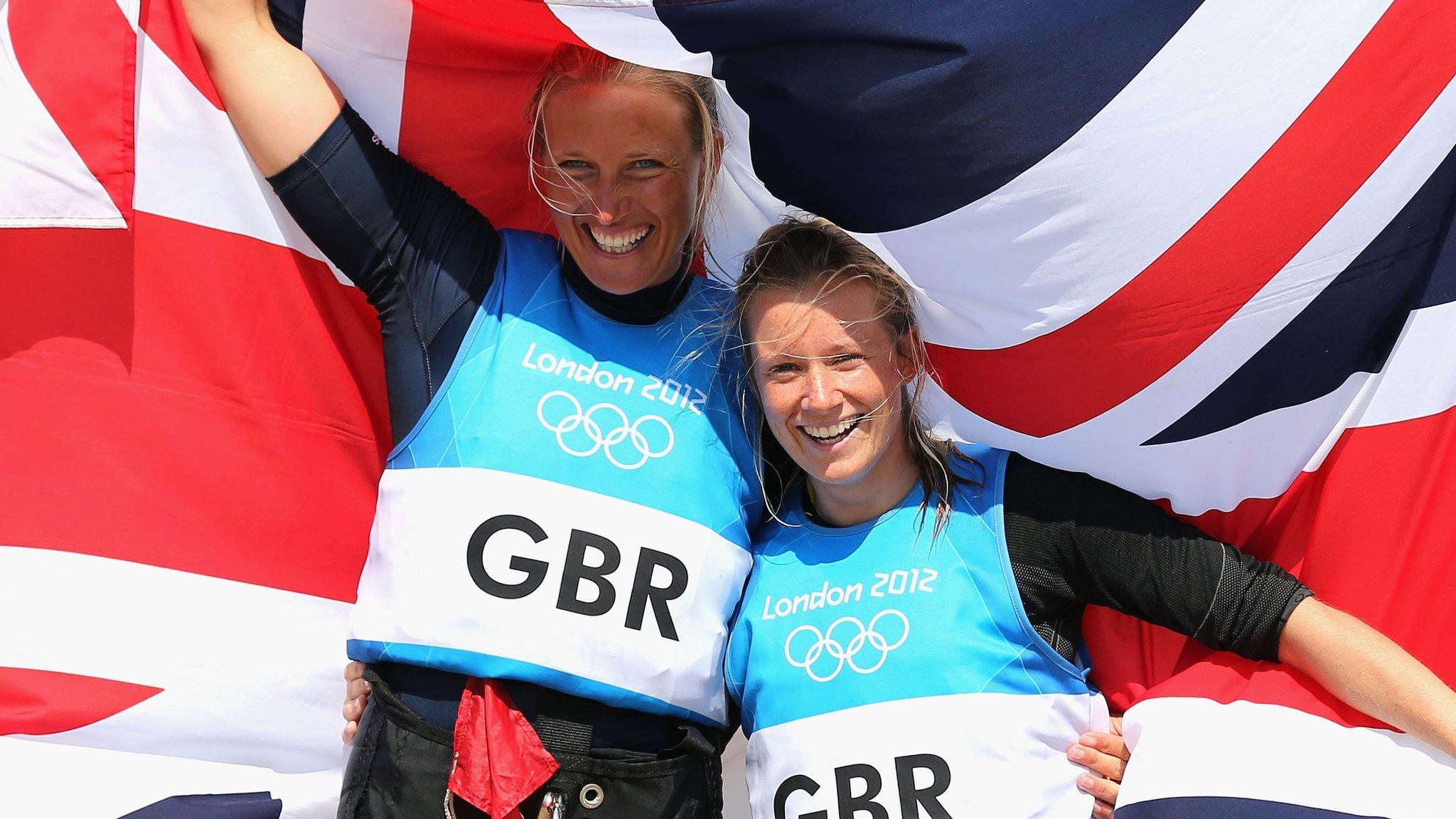 Saskia Clark and Hannah Mills after winning silver in the 2012 Olympics