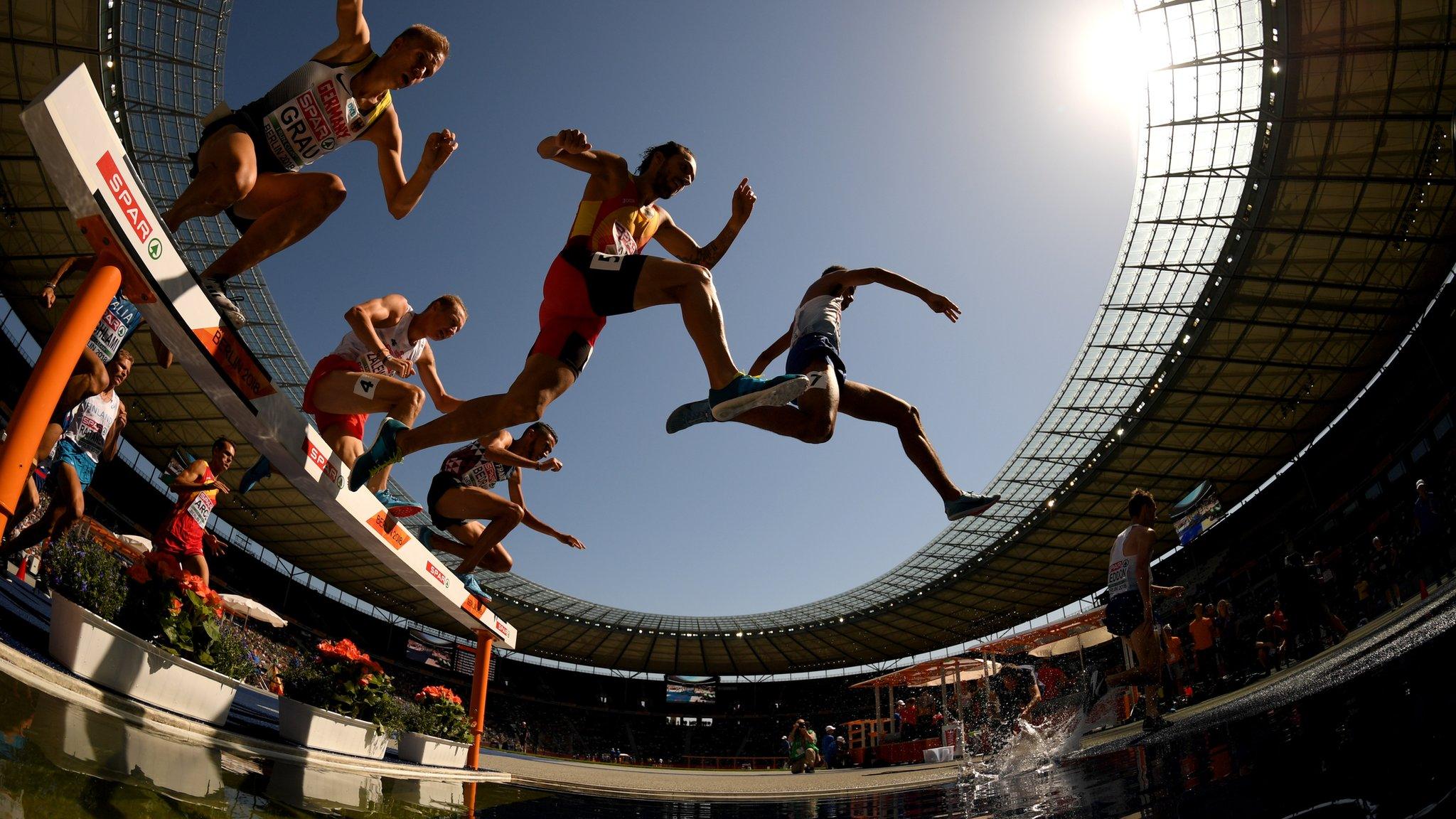 Steeplechase - BERLIN, GERMANY - AUGUST 07: A general view inside the stadium as athletes compete in the Men's 3000m Steeplechase Qualifying Rounds during day one of the 24th European Athletics Championships at Olympiastadion on August 7, 2018 in Berlin, Germany. (Photo by Matthias Hangst/Getty Images)