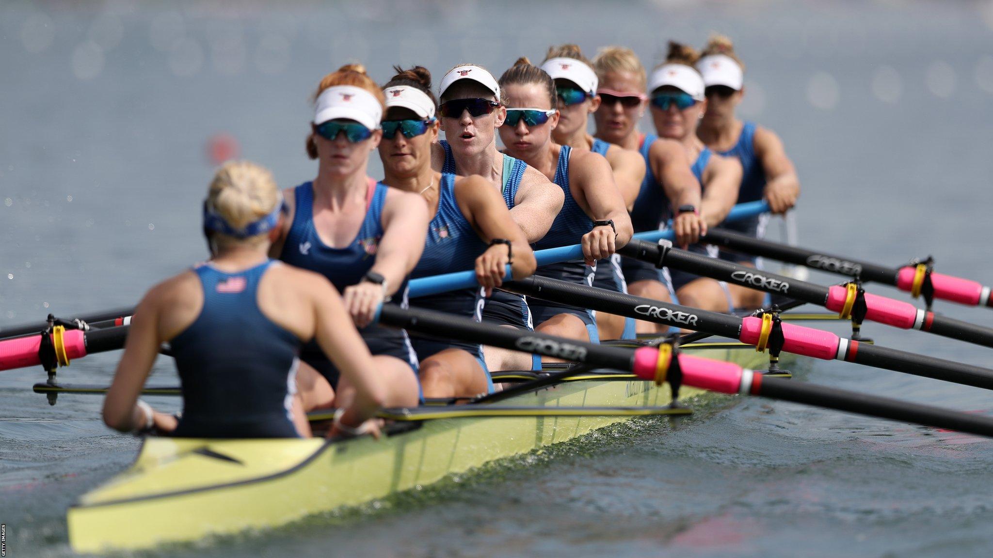 LINZ, AUSTRIA - AUGUST 27: Katelin Guregian, Erin Reelick, Gia Doonan , Emily Regan , Olivia Coffey, Dana Moffat , Meghan Musnicki , Kristine O’Brien and Felice Mueller of The United States of America in action during the Women's 8 race during Day Three of the 2019 World Rowing Championships on August 27, 2019 in Linz-Ottensheim, Austria. (Photo by Naomi Baker/Getty Images)