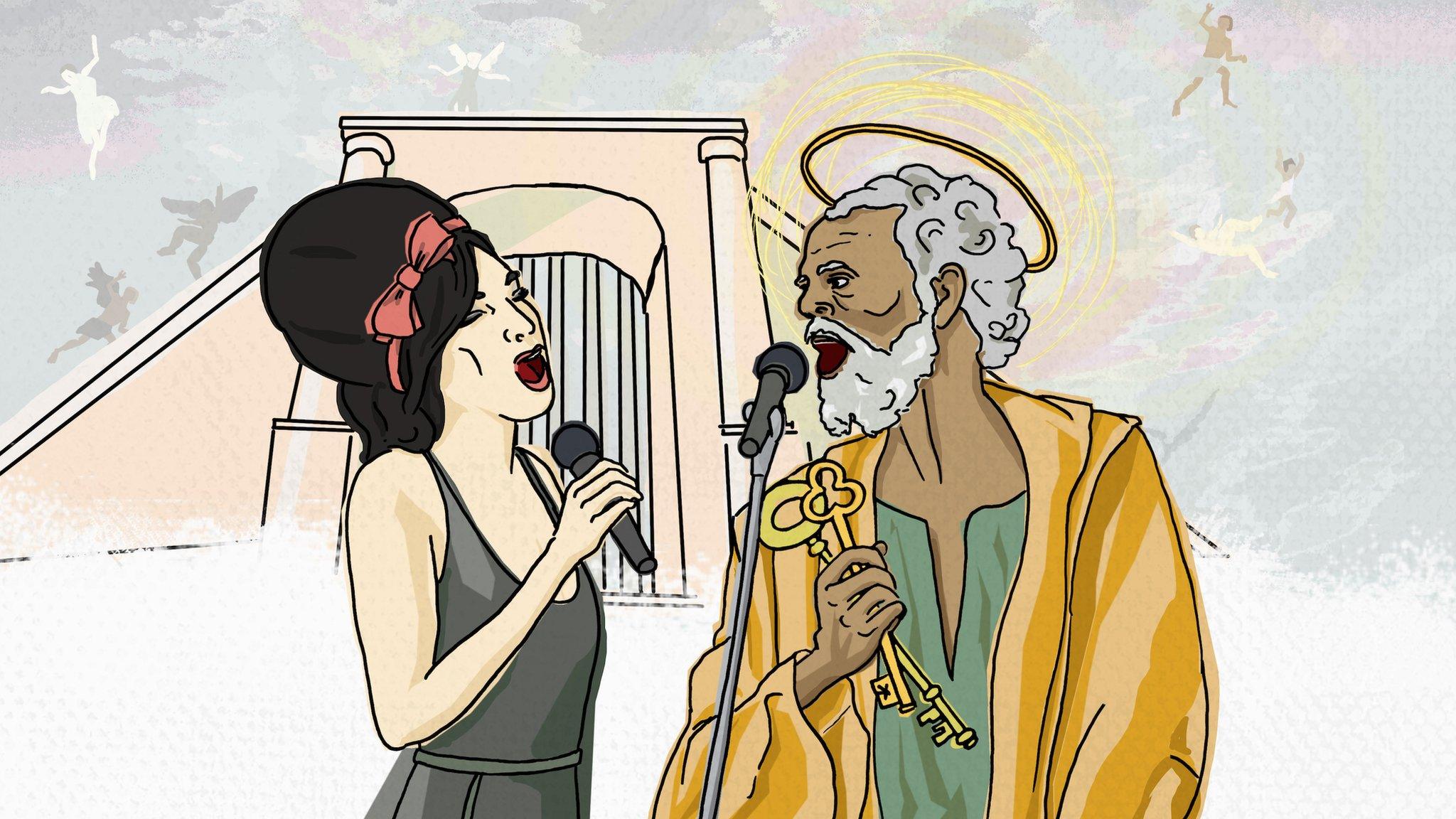 Illustration of Amy Winehouse and Saint Peter singing