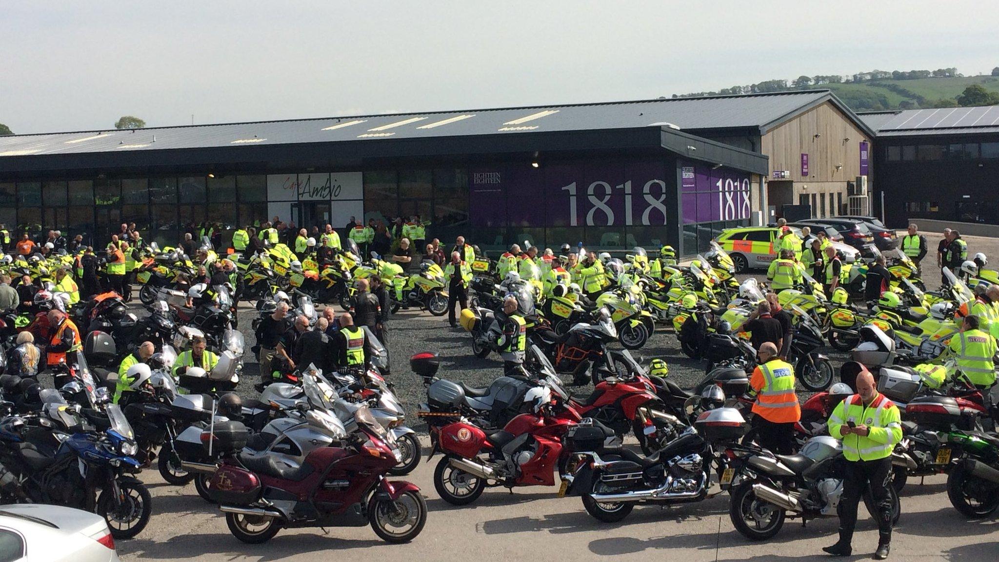 Motorcyclists gathering before funeral