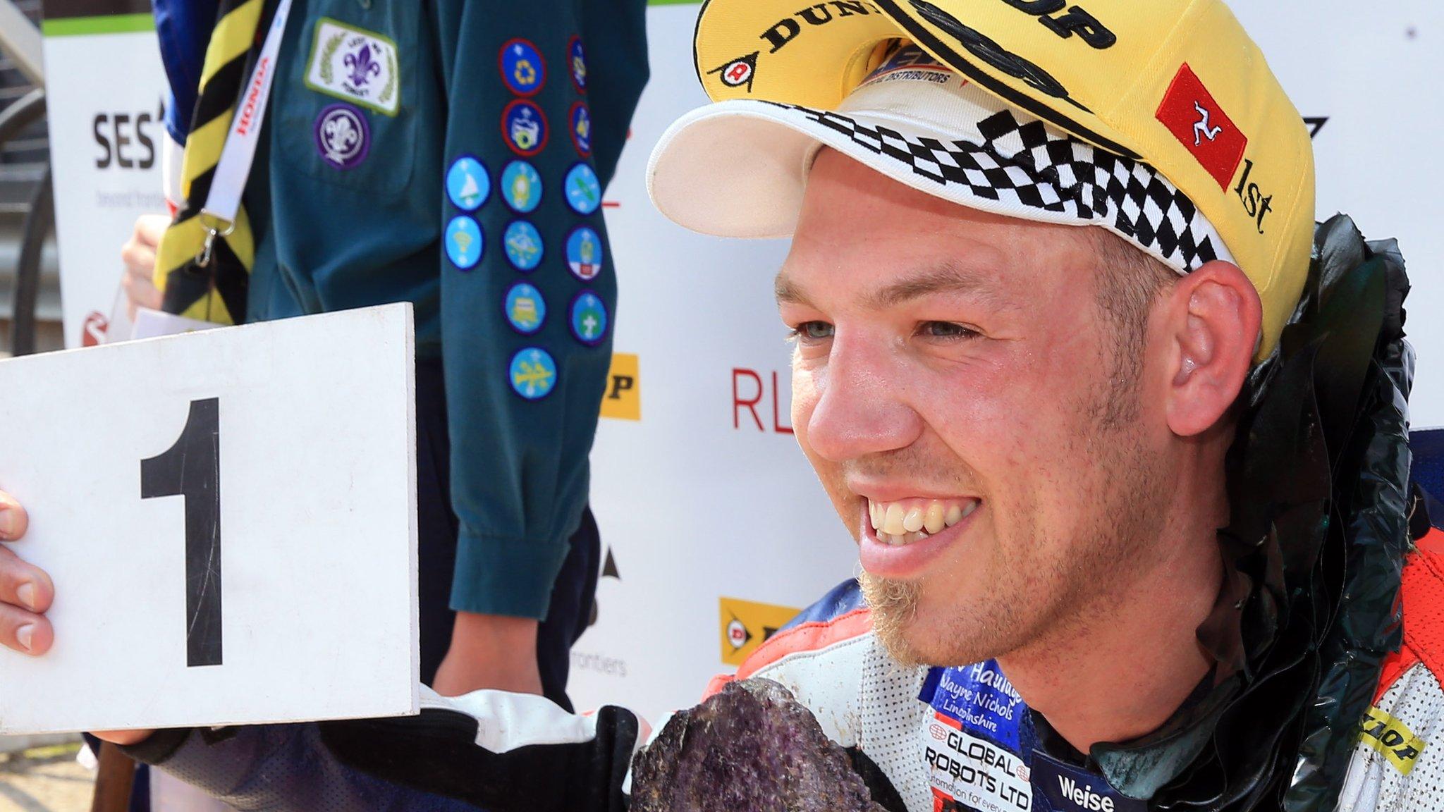 Peter Hickman celebrates his Superstock victory