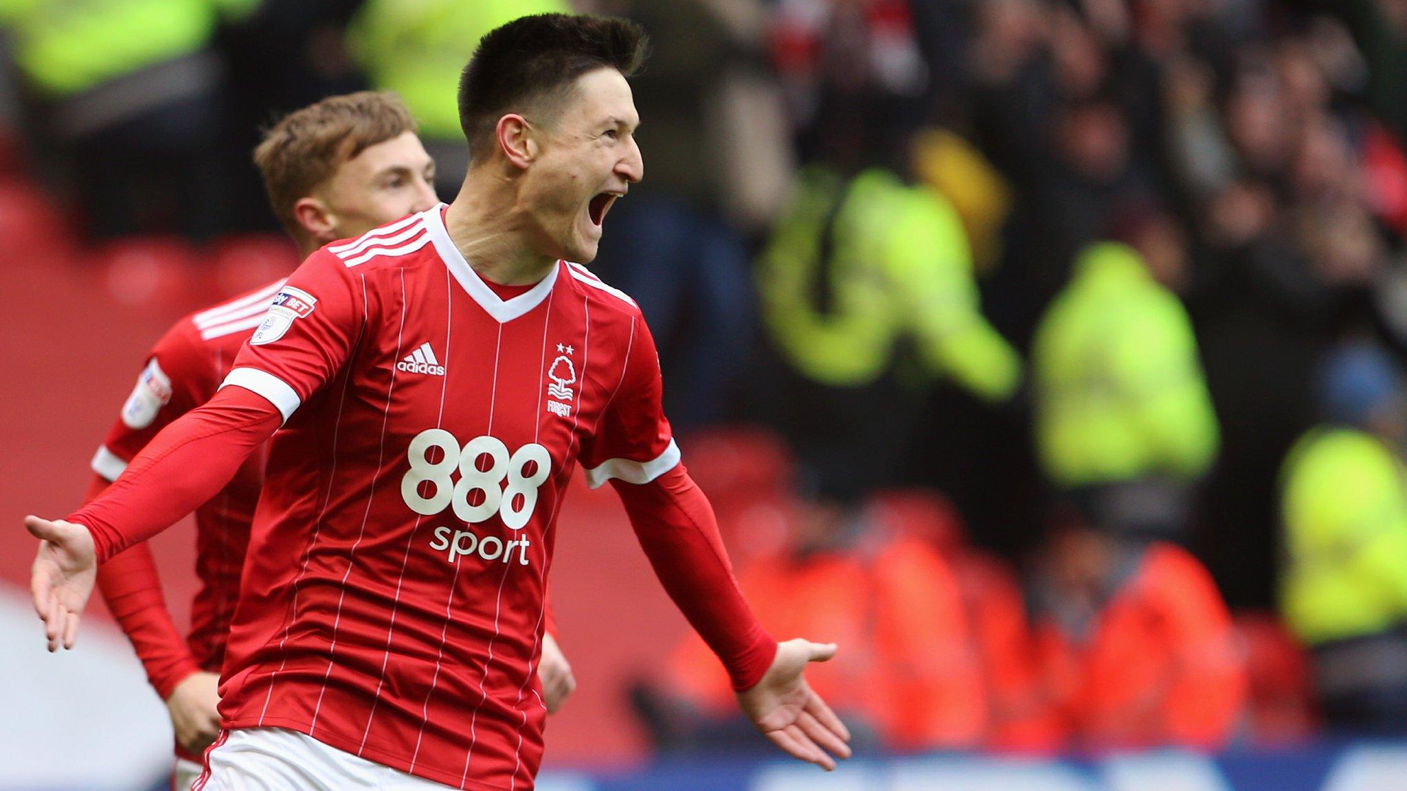 Joe Lolley celebrates scoring for Nottingham Forest against Birmingham City