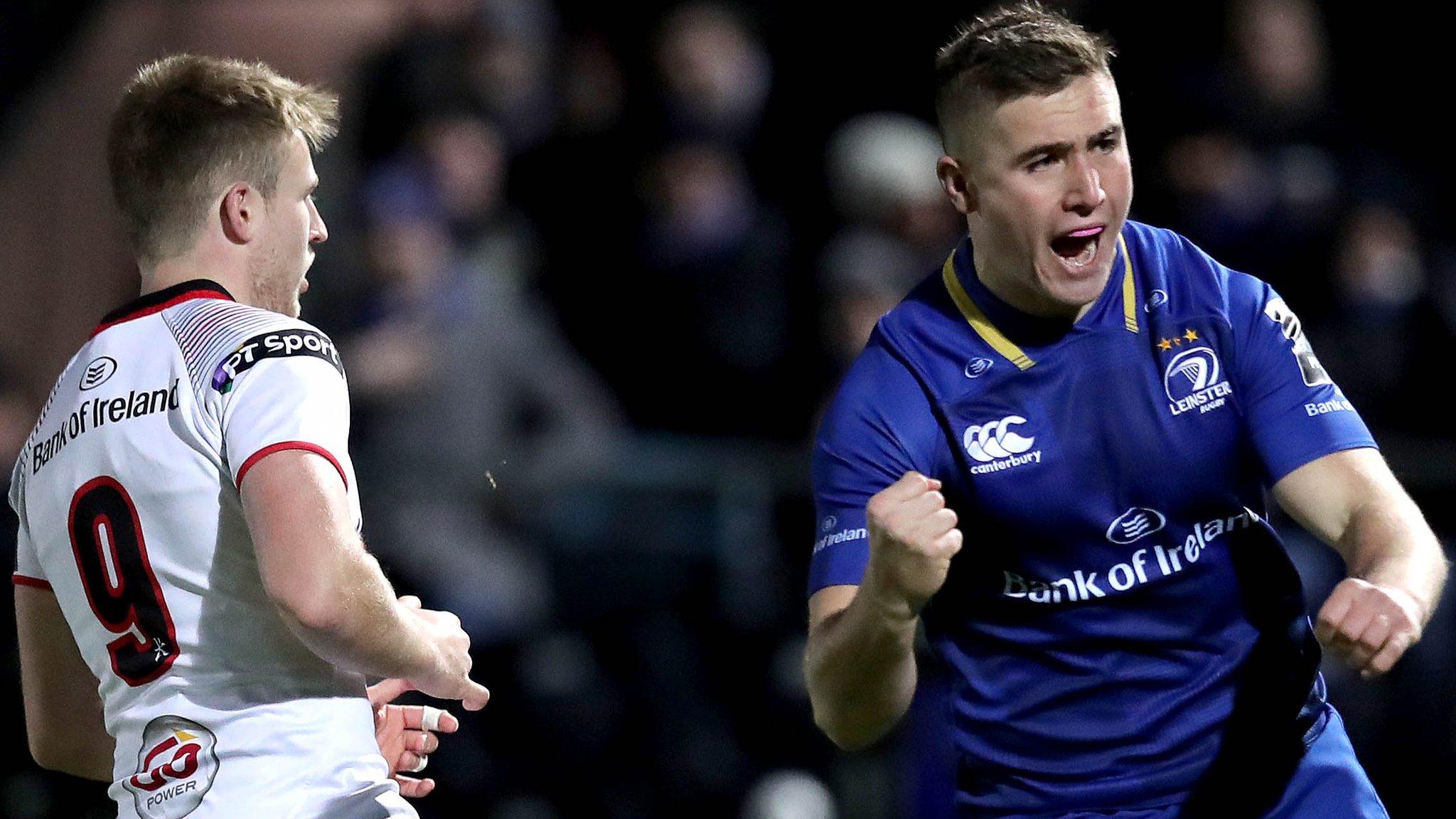 Ulster's Jonny Stewart is helpless to prevent Jordan Larmour from scoring the opening try