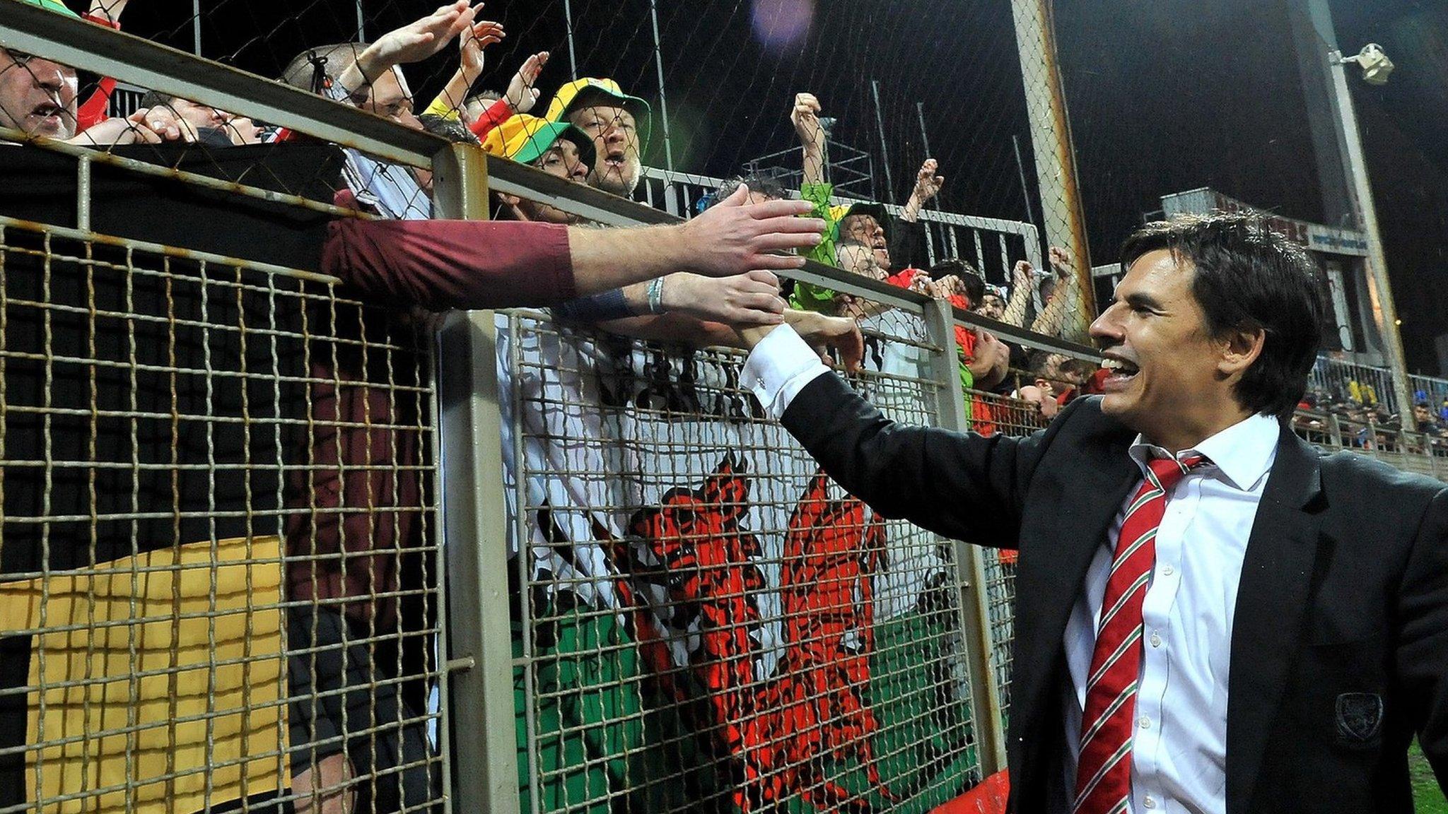 Chris Coleman with Wales fans in Bosnia