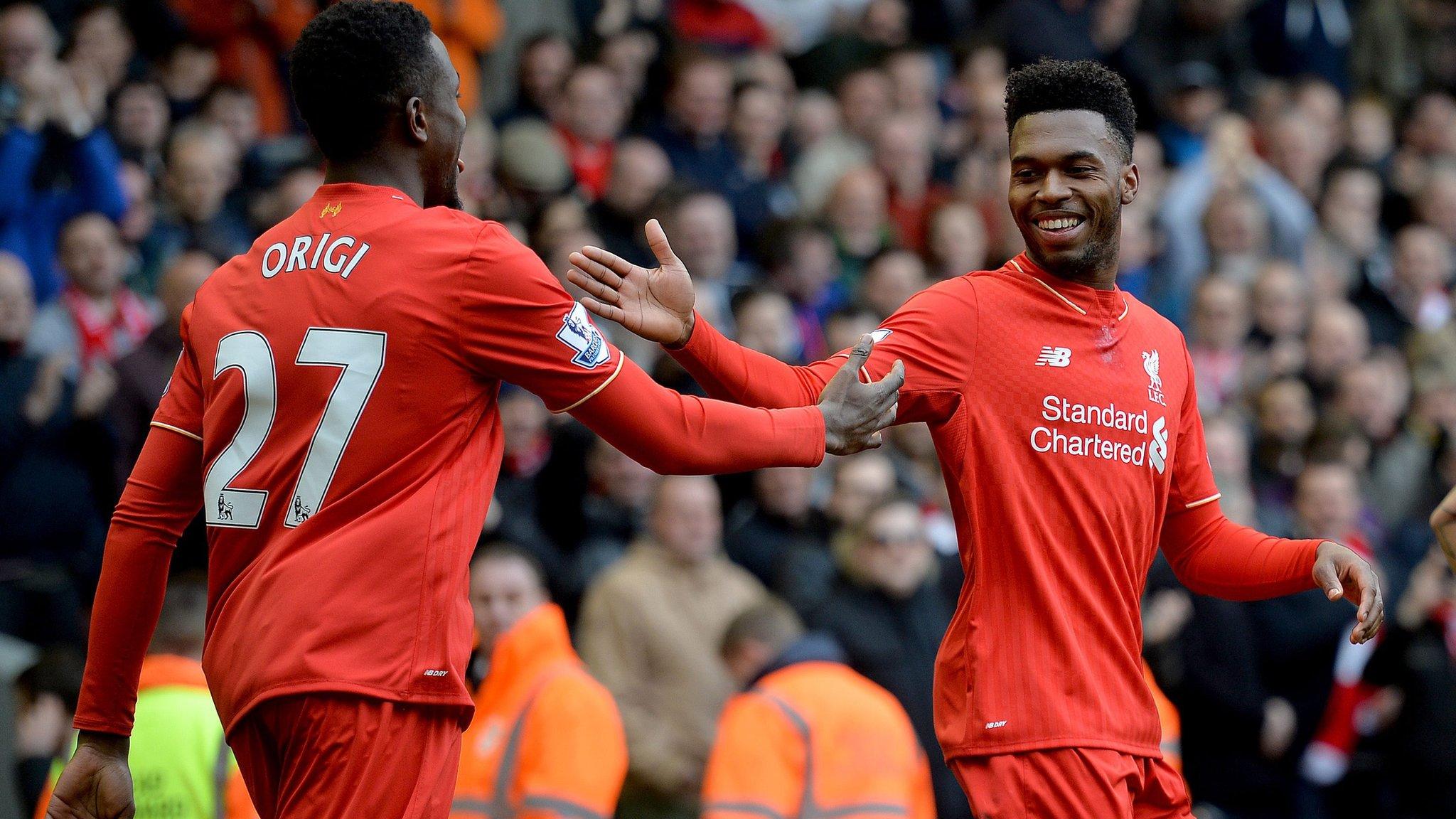 Divcock Origi and Daniel Sturridge celebrate