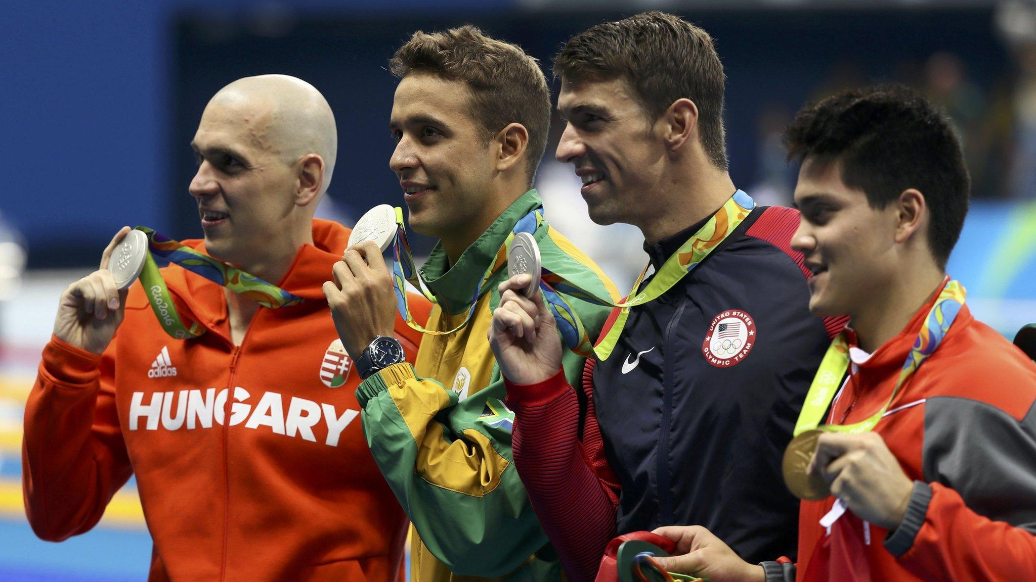 Michael Phelps, Chad Le Clos, Laszlo Cseh and Joseph Schooling