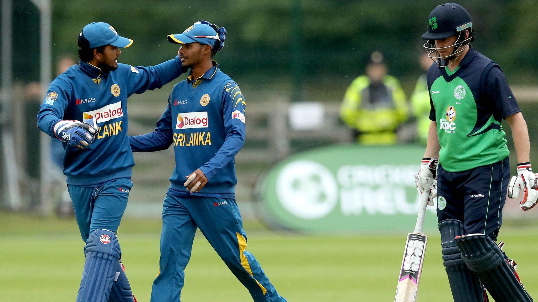 Sri Lanka celebrate taking an Irish wicket at Malahide