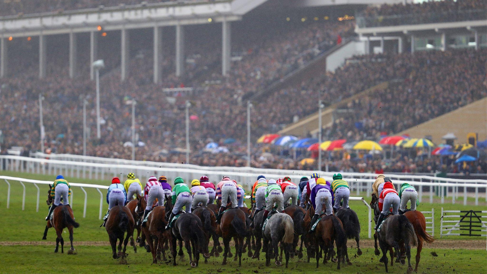 The crowd watch the horses going to post for the first race on the final day of the Cheltenham Festival horse racing meet at Cheltenham Racecourse in Gloucestershire, south-west England, on March 16, 2018