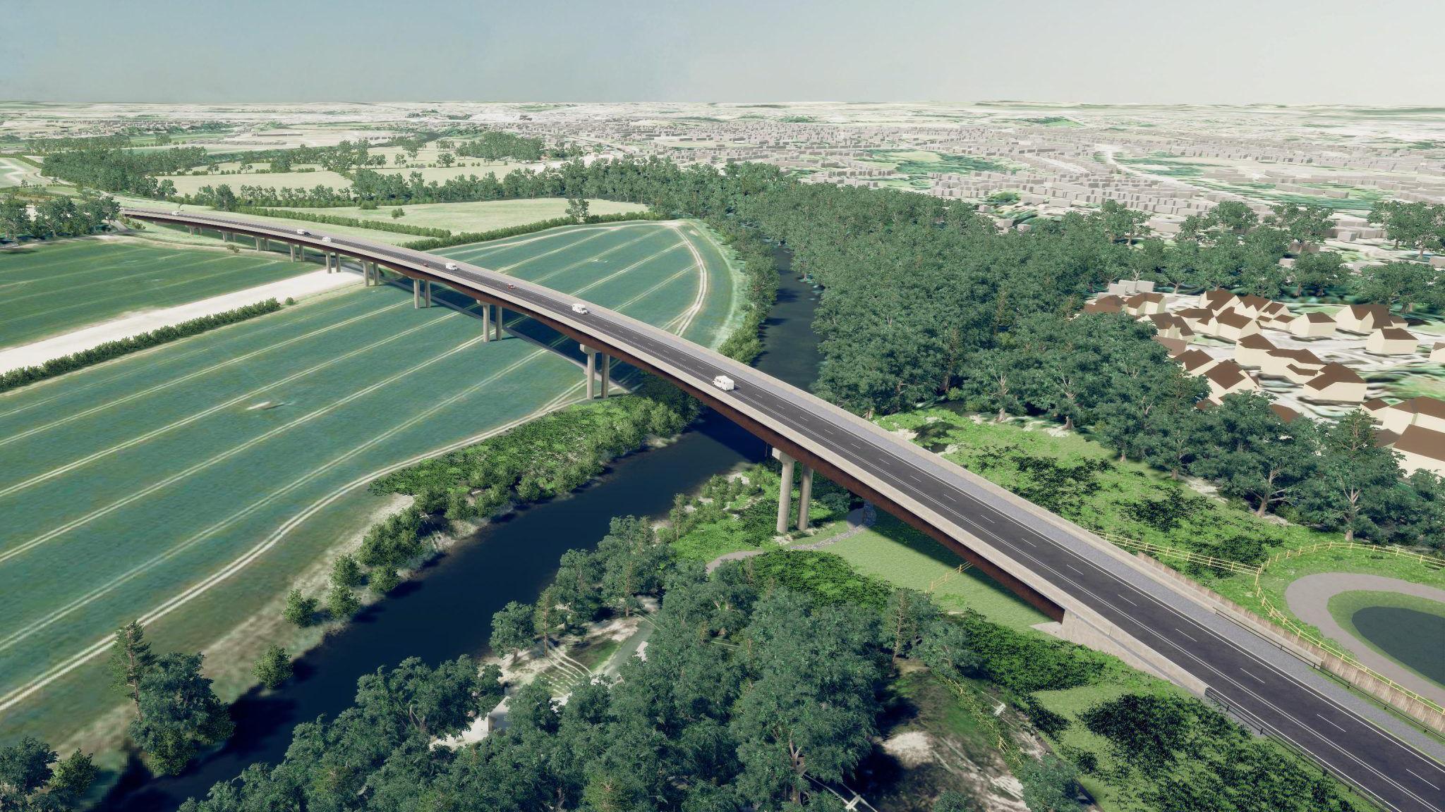 Computer generated image of the single-carriageway north west relief road over the River Severn, with farmland to the left, and trees and housing to the right