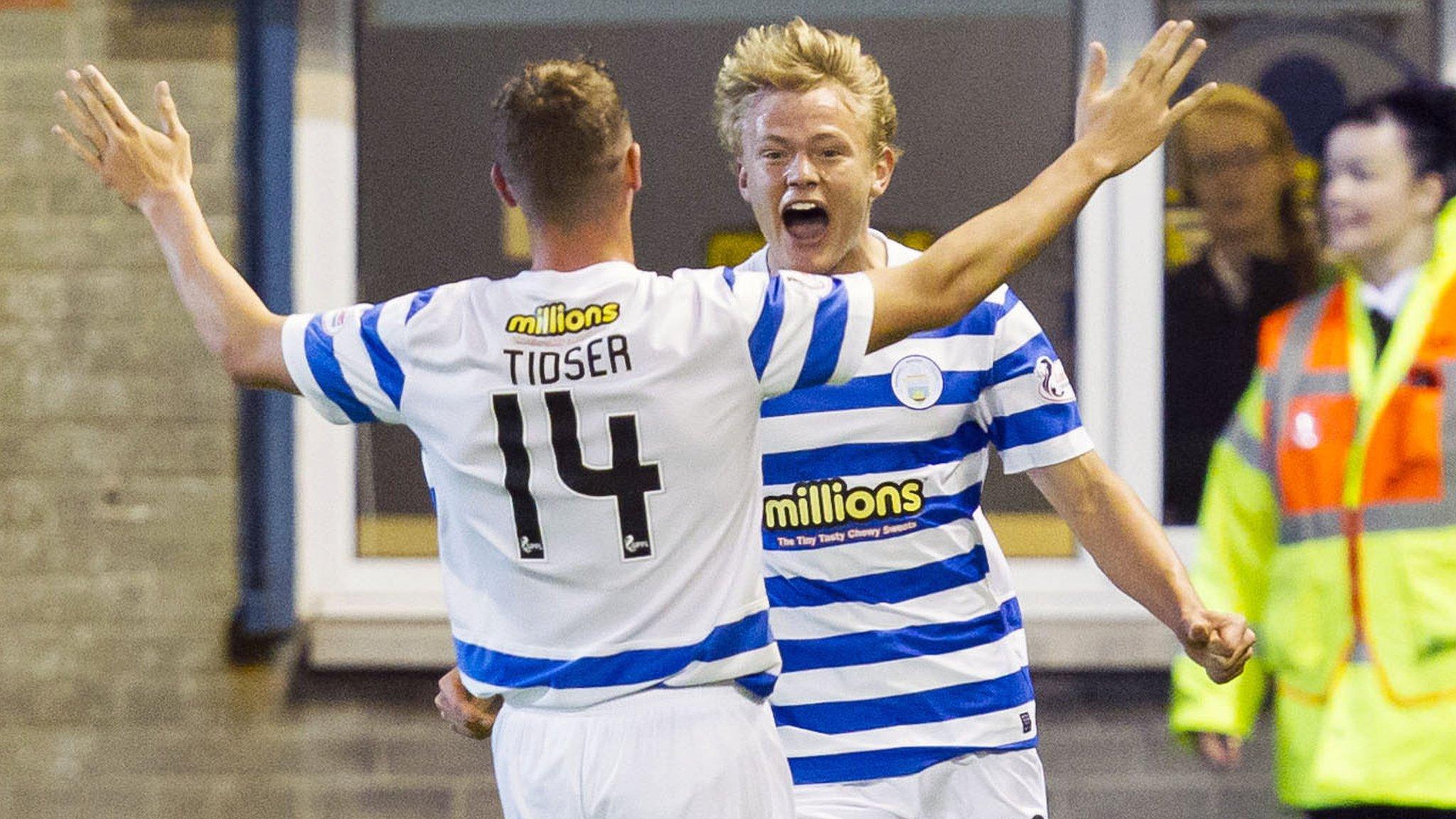 Alex Samuel celebrates his opening goal in Greenock