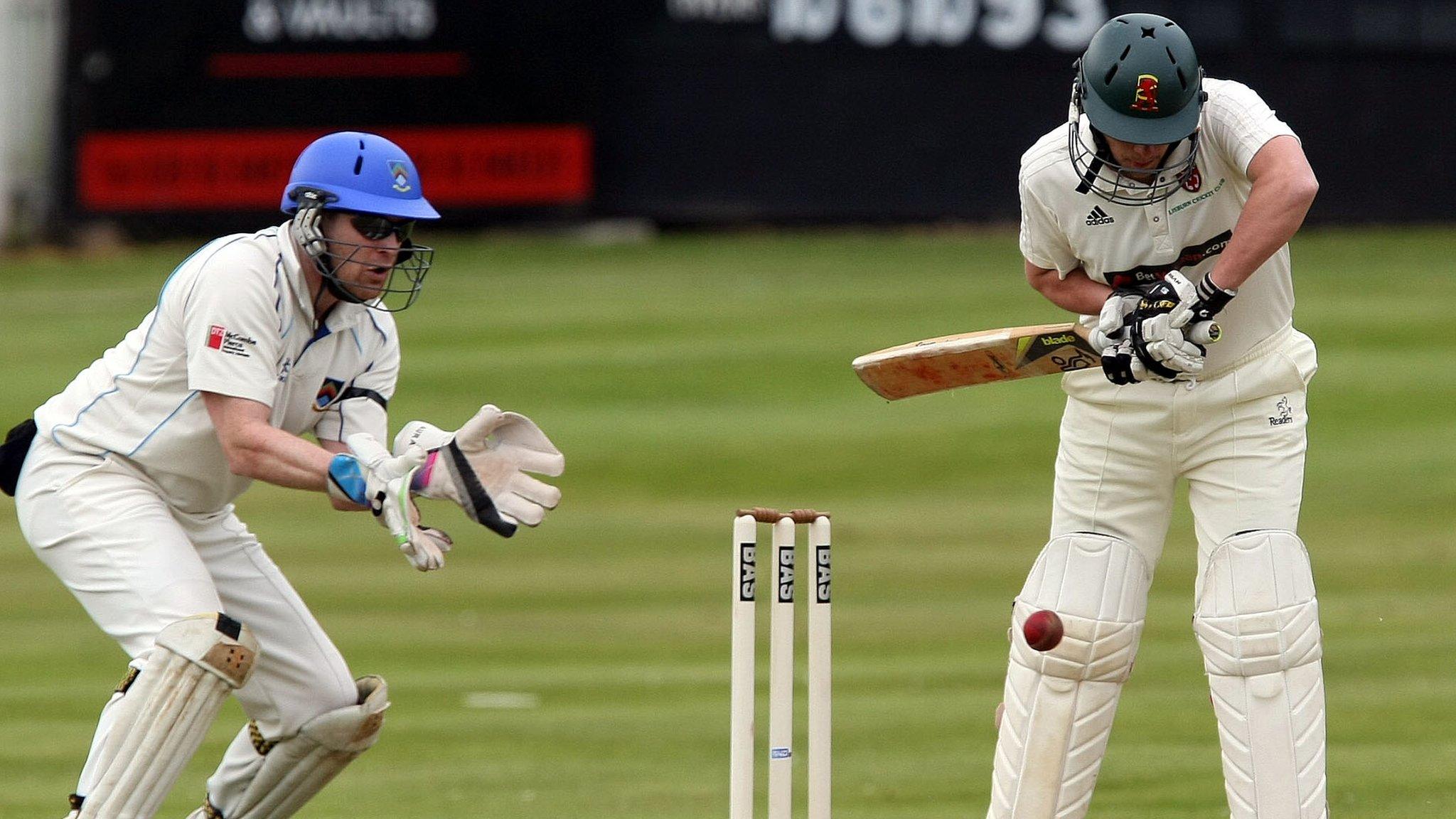 Lisburn batsman Richard McConkey defends his stumps against CSNI in Saturday's league encounter