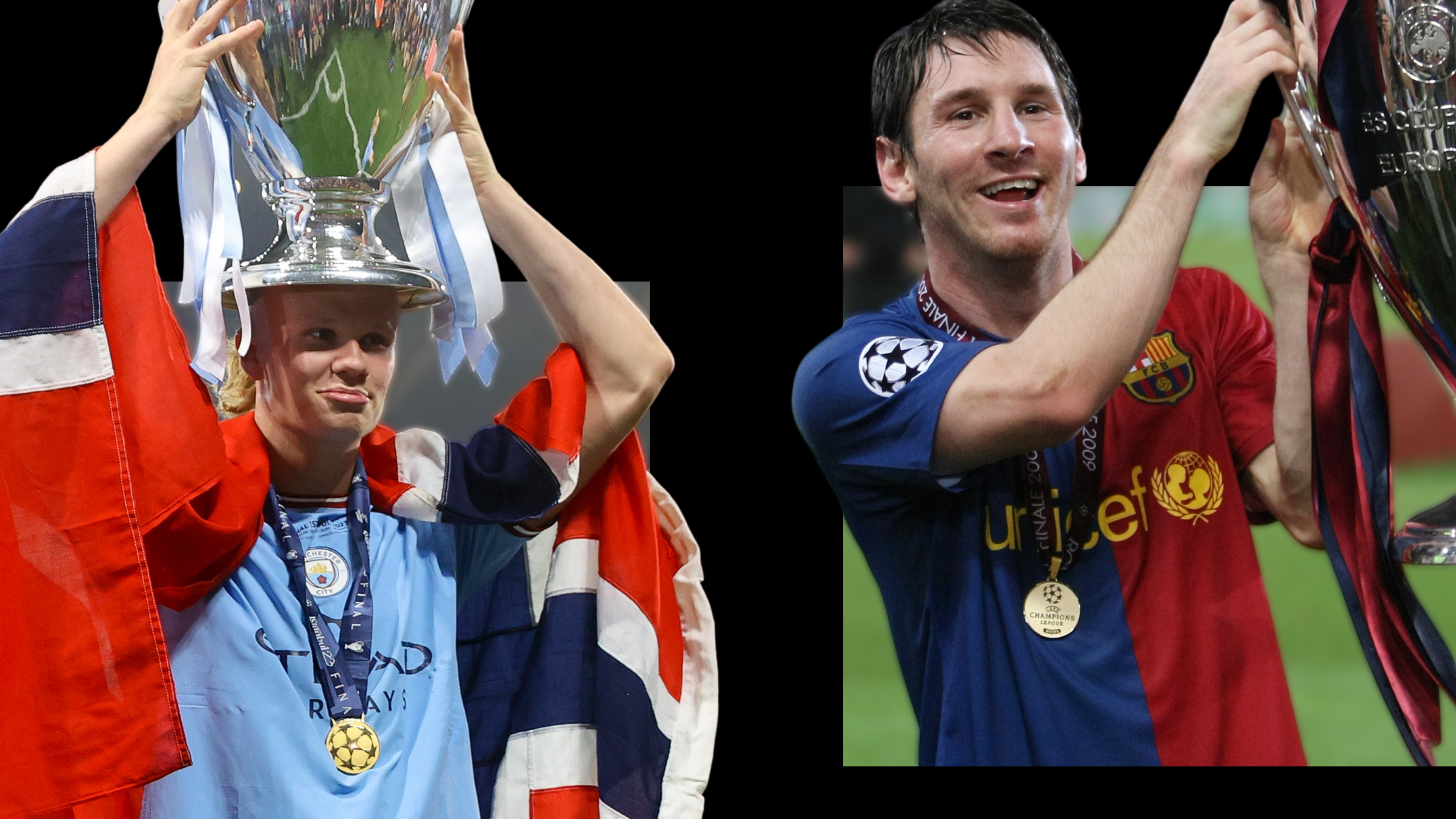 Haaland and Messi with their Champions League trophies