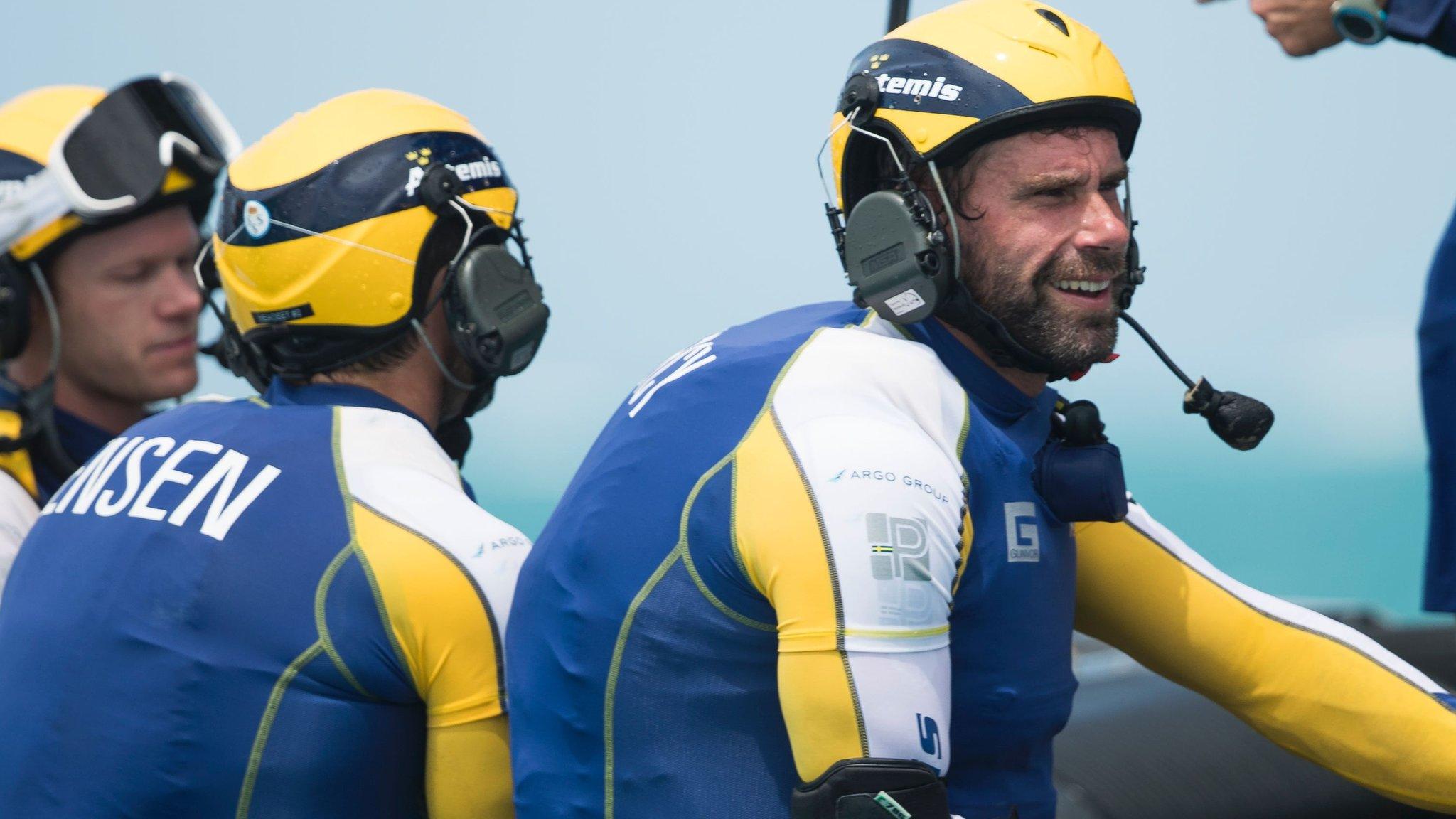 The Sweden crew react after eliminating Japan from the America's Cup