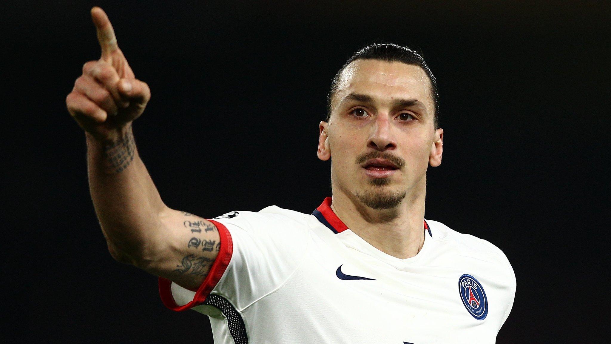 Zlatan Ibrahimovic celebrates scoring for PSG at Chelsea