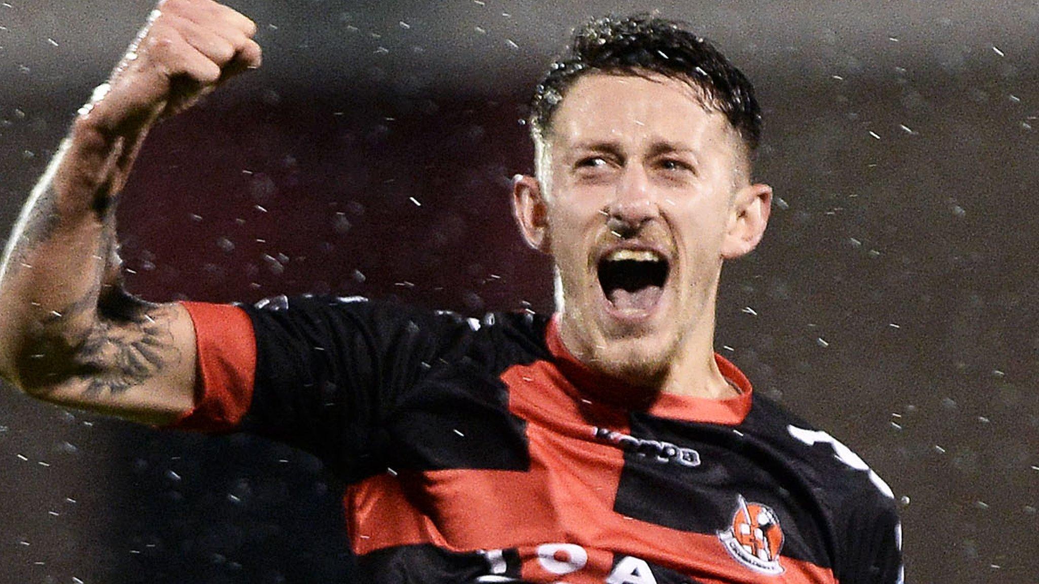 Jordan Forsythe celebrates scoring against Linfield