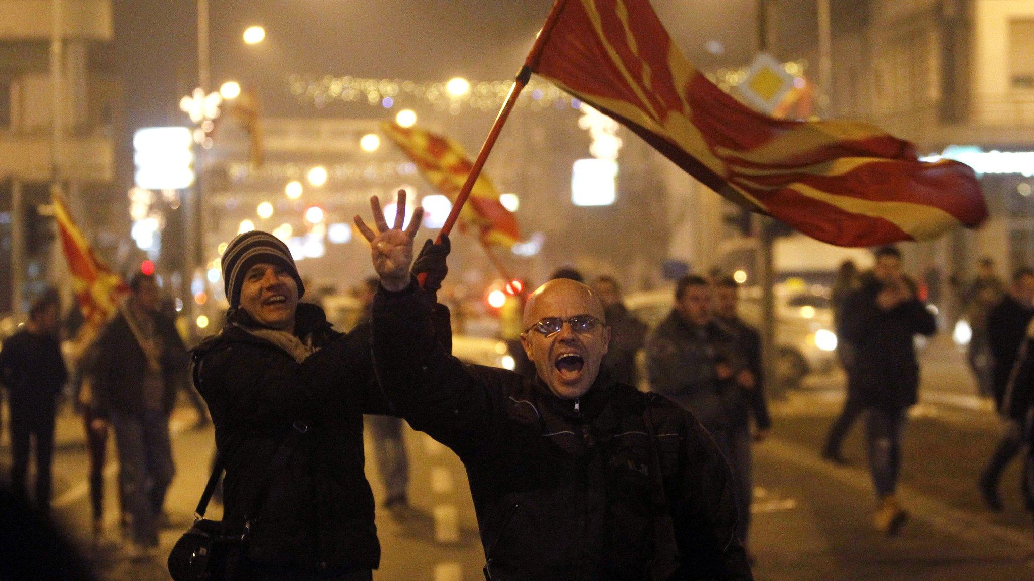 Supporters of opposition SDSM celebrate in Skopje, Macedonia, on Sunday, Dec 11, 2016