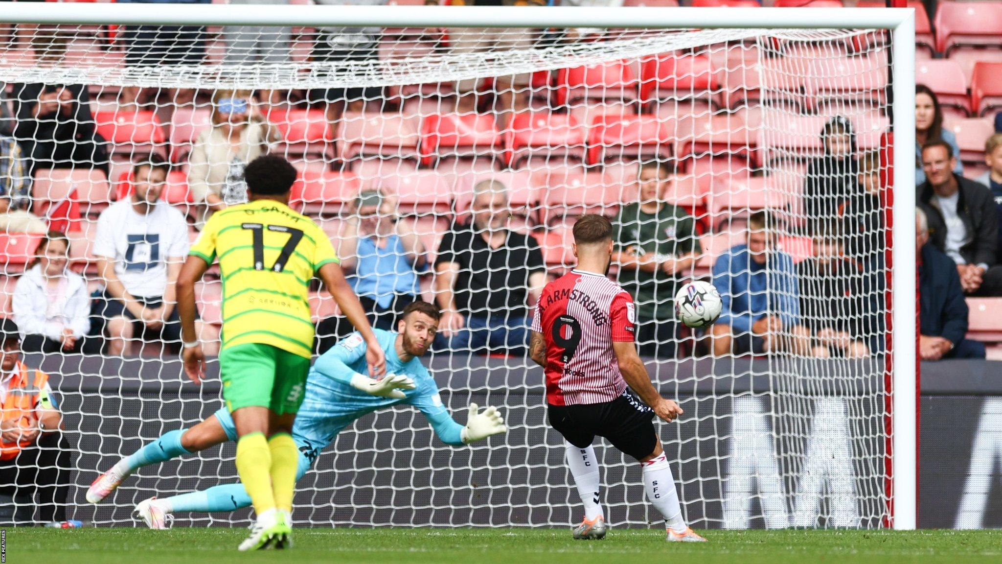 Adam Armstrong scores from the spot for Southampton against Norwich