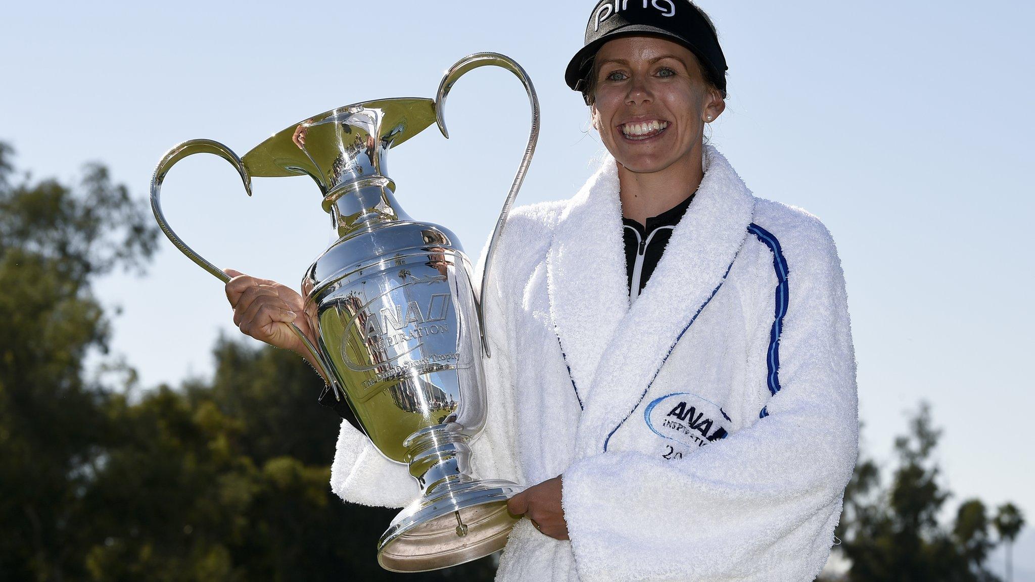 Pernilla Lindberg celebrates after winning the ANA Inspiration in California