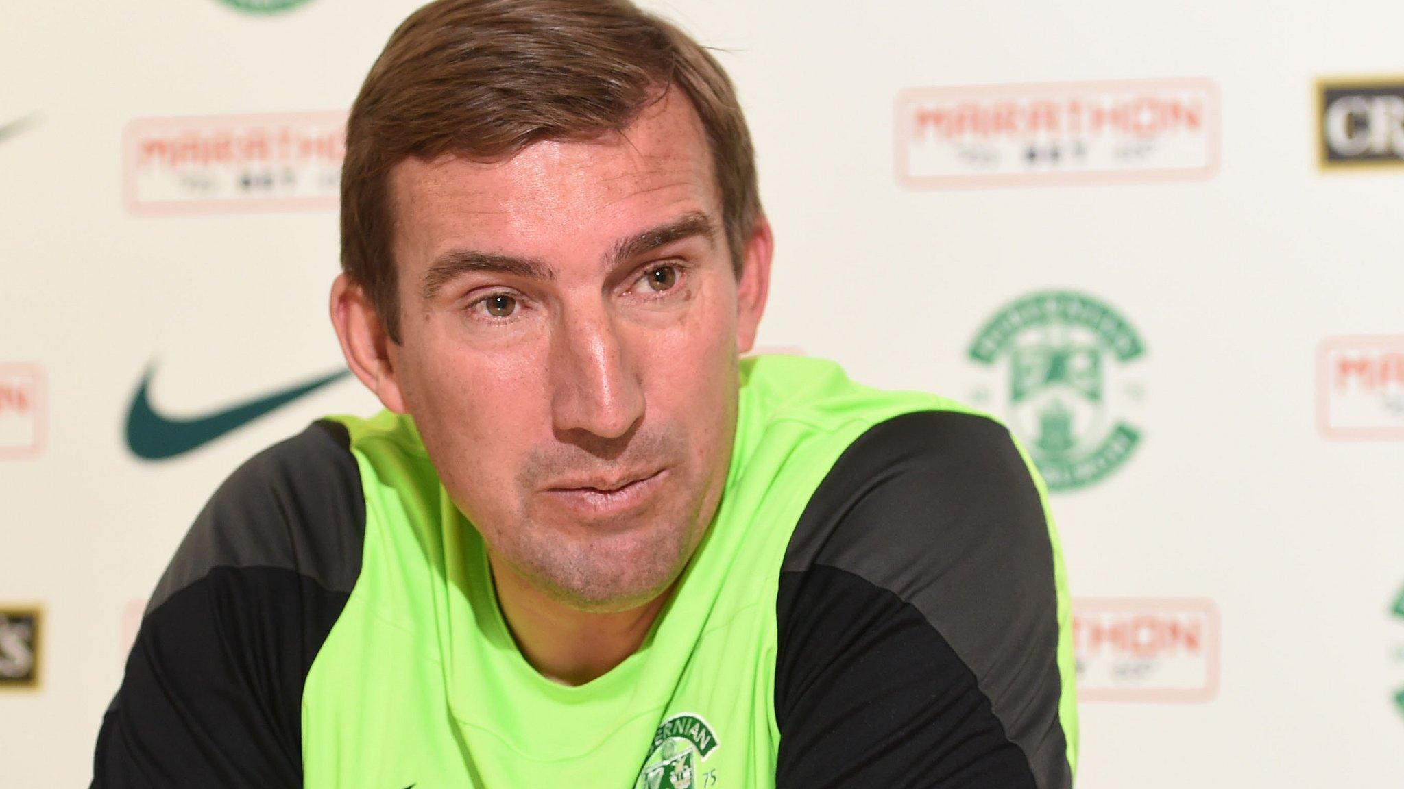 Alan Stubbs talks to the media before Hibs' play-off first leg against Falkirk