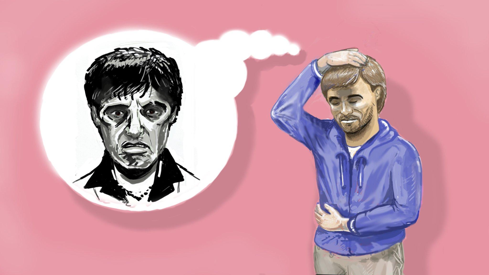 Illustration of Frank Burton thinking of the Al Pacino film Scarface