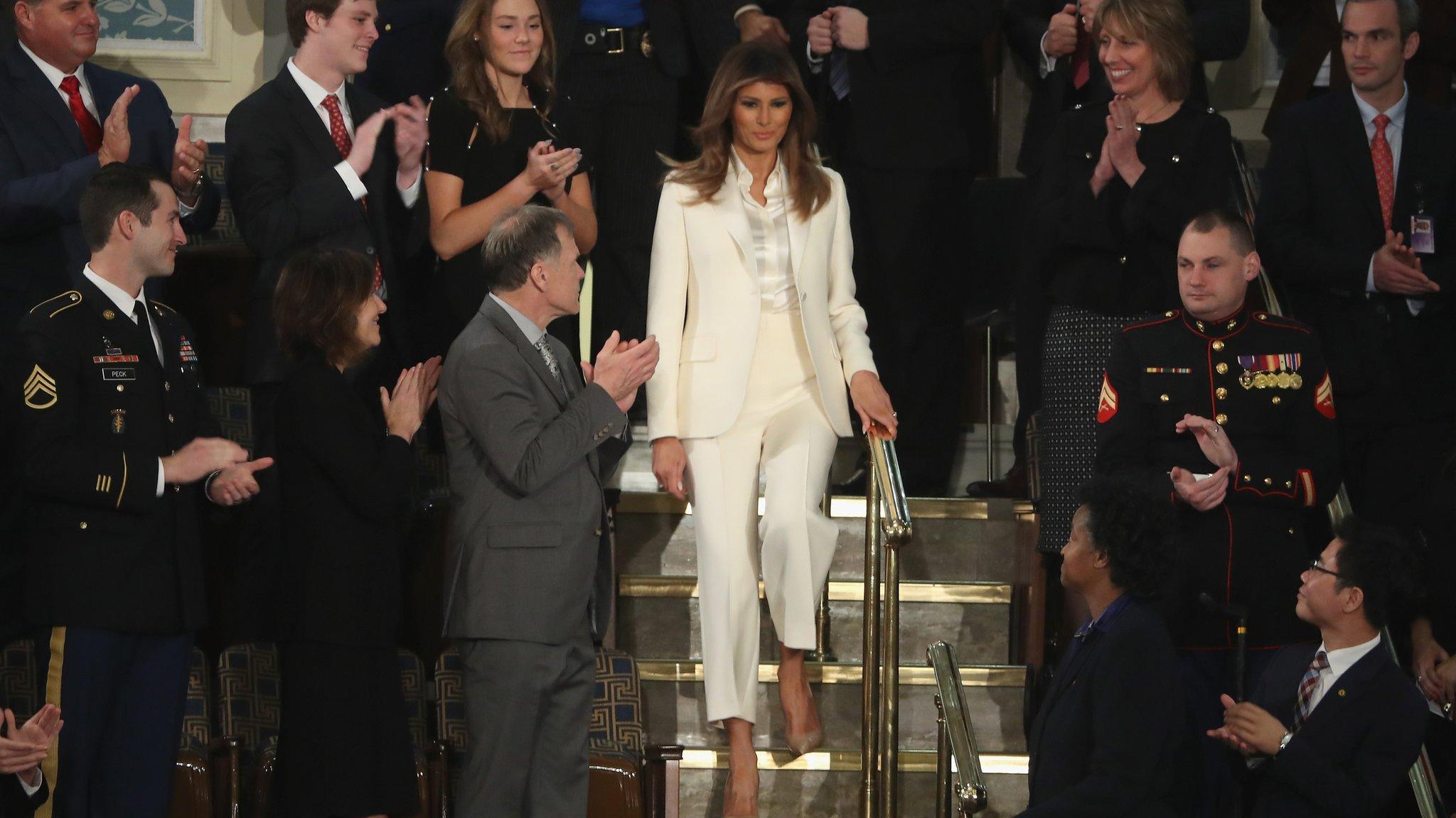 First lady Melania Trump arrives at the State of the Union address in the chamber of the US House of Representatives on 30 January 2018 in Washington, DC