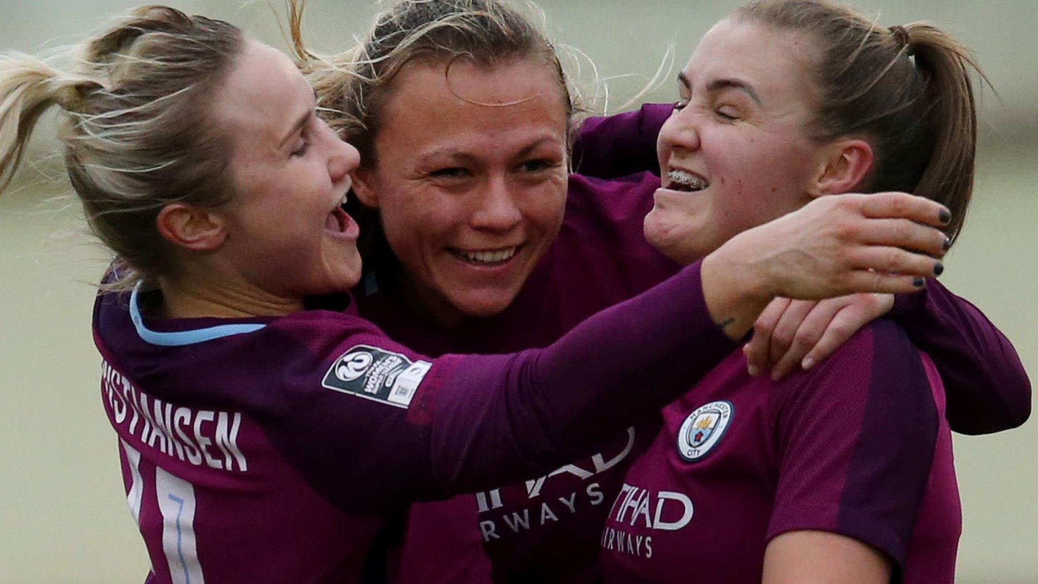 Man City women celebrate beating Birmingham City in the Women's FA Cup