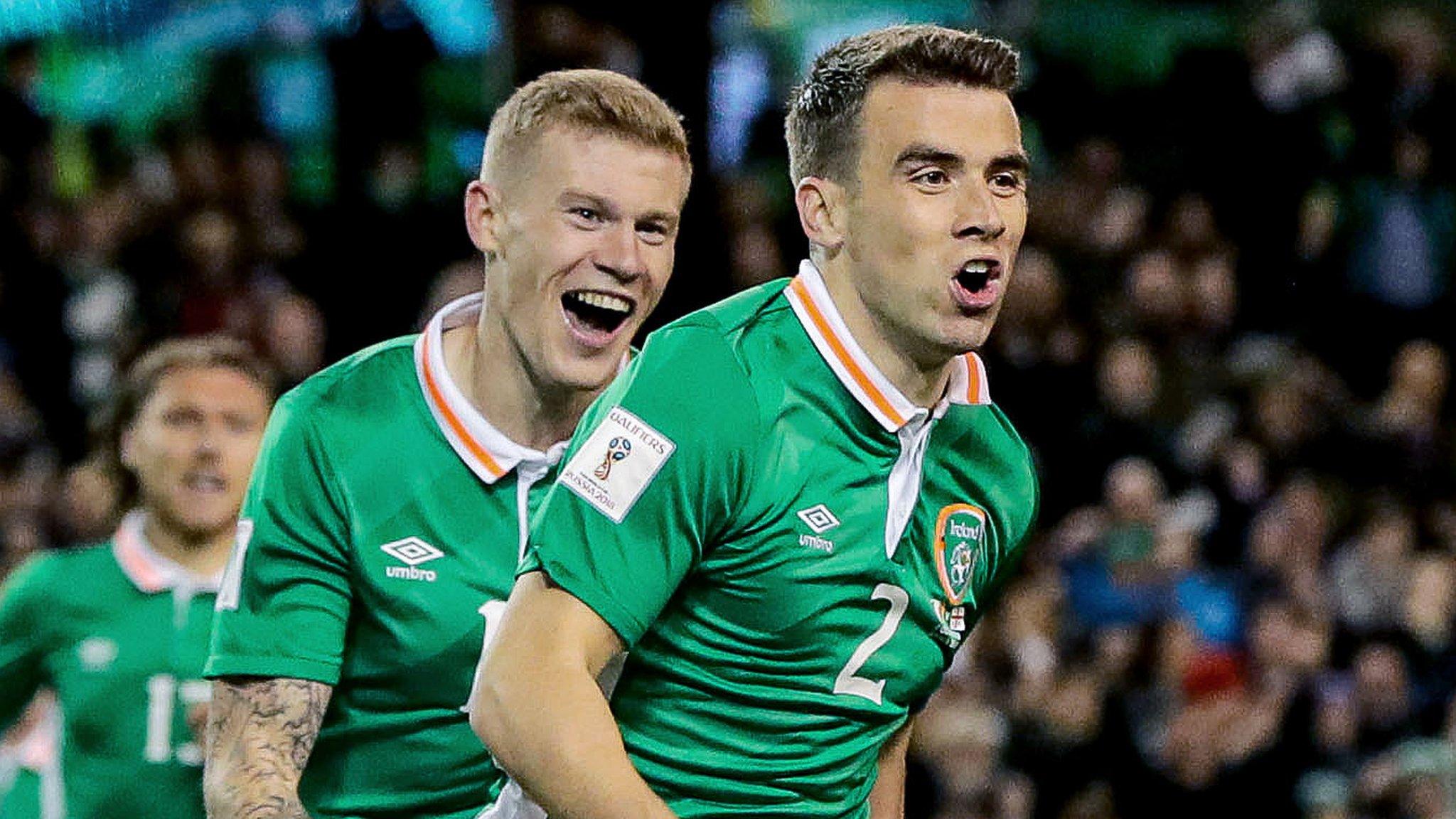 James McClean runs to congratulate Republic of Ireland goalscorer Seamus Coleman