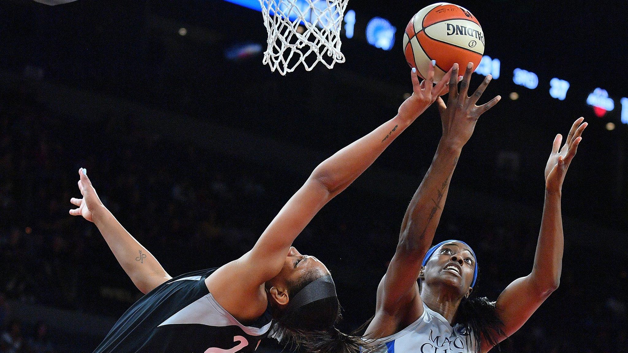 - LAS VEGAS, NV - JUNE 24: A'ja Wilson #22 of the Las Vegas Aces battles for a rebound against Sylvia Fowles #34 of the Minnesota Lynx during their game at the Mandalay Bay Events Center on June 24, 2018 in Las Vegas, Nevada. The Lynx won 88-73. NOTE TO USER: User expressly acknowledges and agrees that, by downloading and or using this photograph, User is consenting to the terms and conditions of the Getty Images License Agreement. (Photo by Sam Wasson/Getty Images)