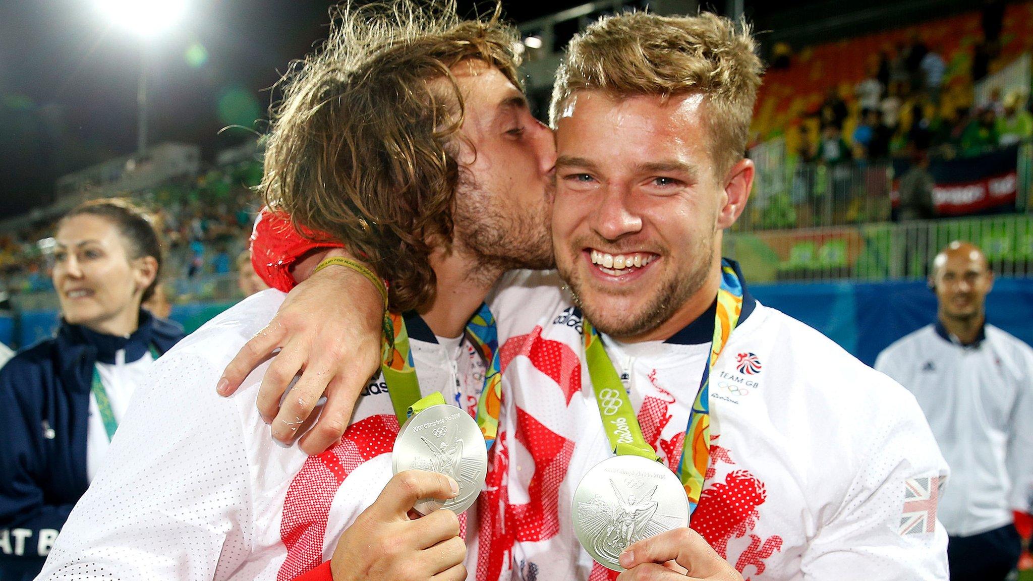 Great Britain's Dan Bibby and Tom Mitchell pose with their silver medals