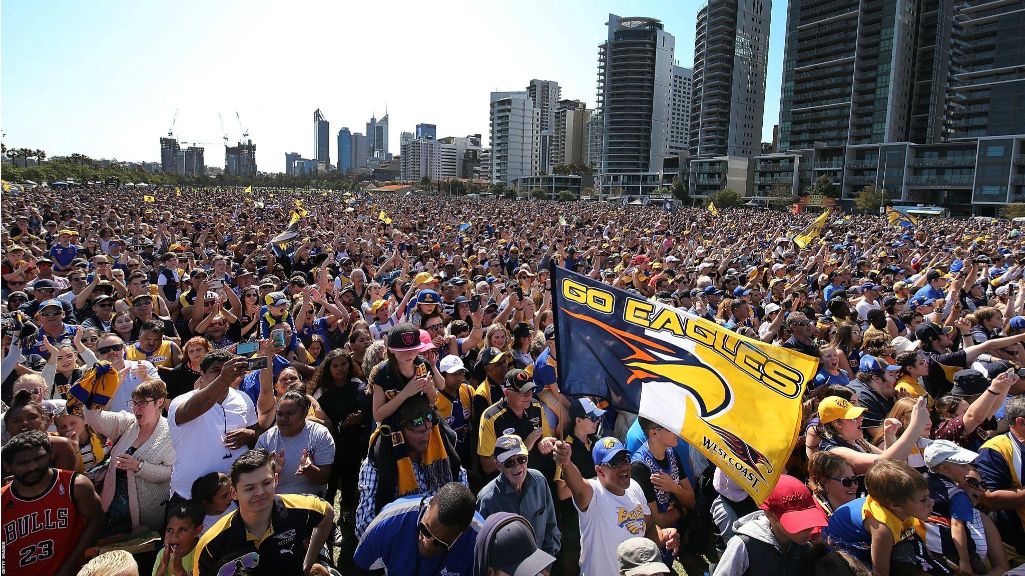 Perth, Australia, September 30: Thousands of supporters of the West Coast Eagles turn out to show their appreciation after their team beat Collingwood Magpies in the AFL Grand Final at Langley Park. (Photo by Paul Kane/Getty Images)